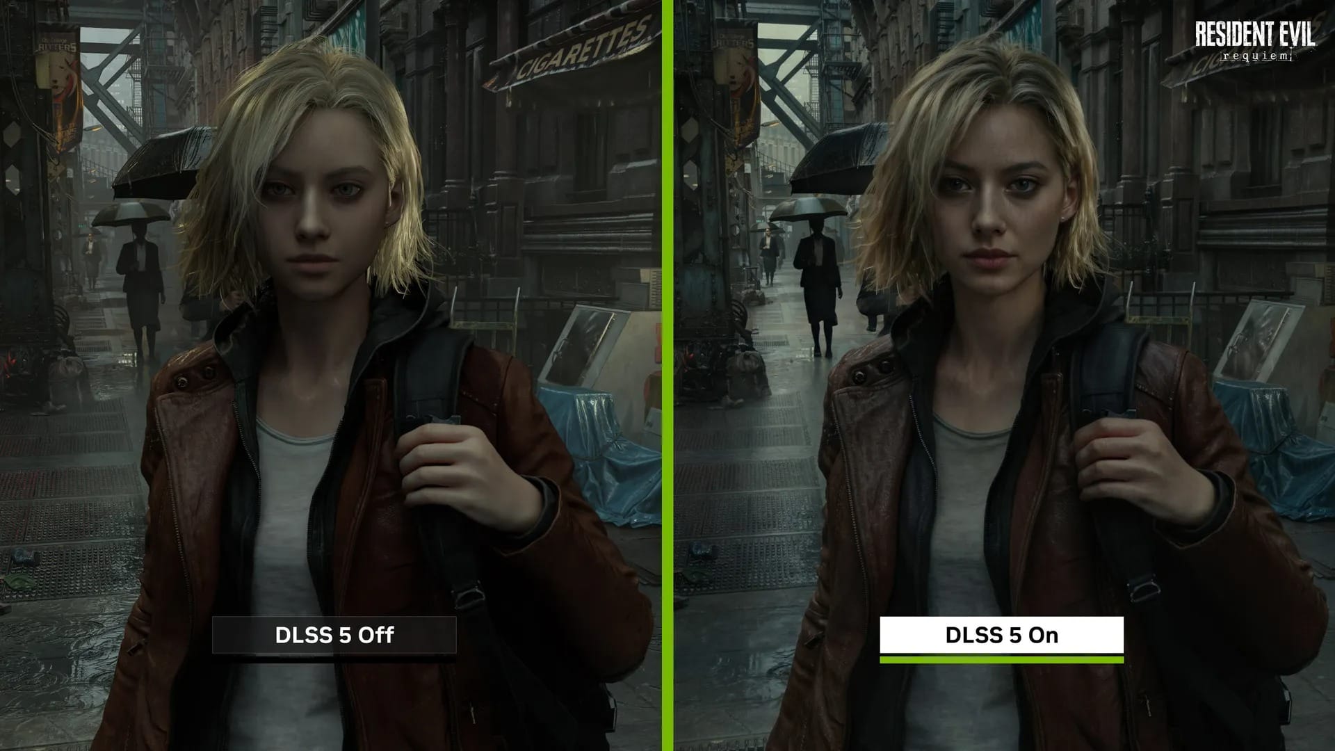 Comparison of Resident Evil character with DLSS 5 off vs on, showcasing enhanced graphics.