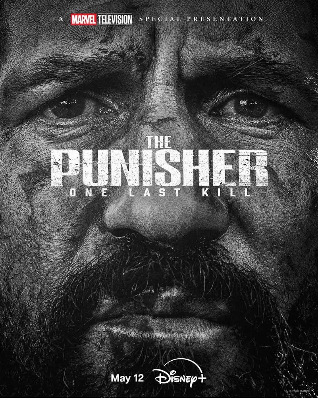 Promotional poster for 'The Punisher: One Last Kill' featuring a close-up of the main character's intense expression, release