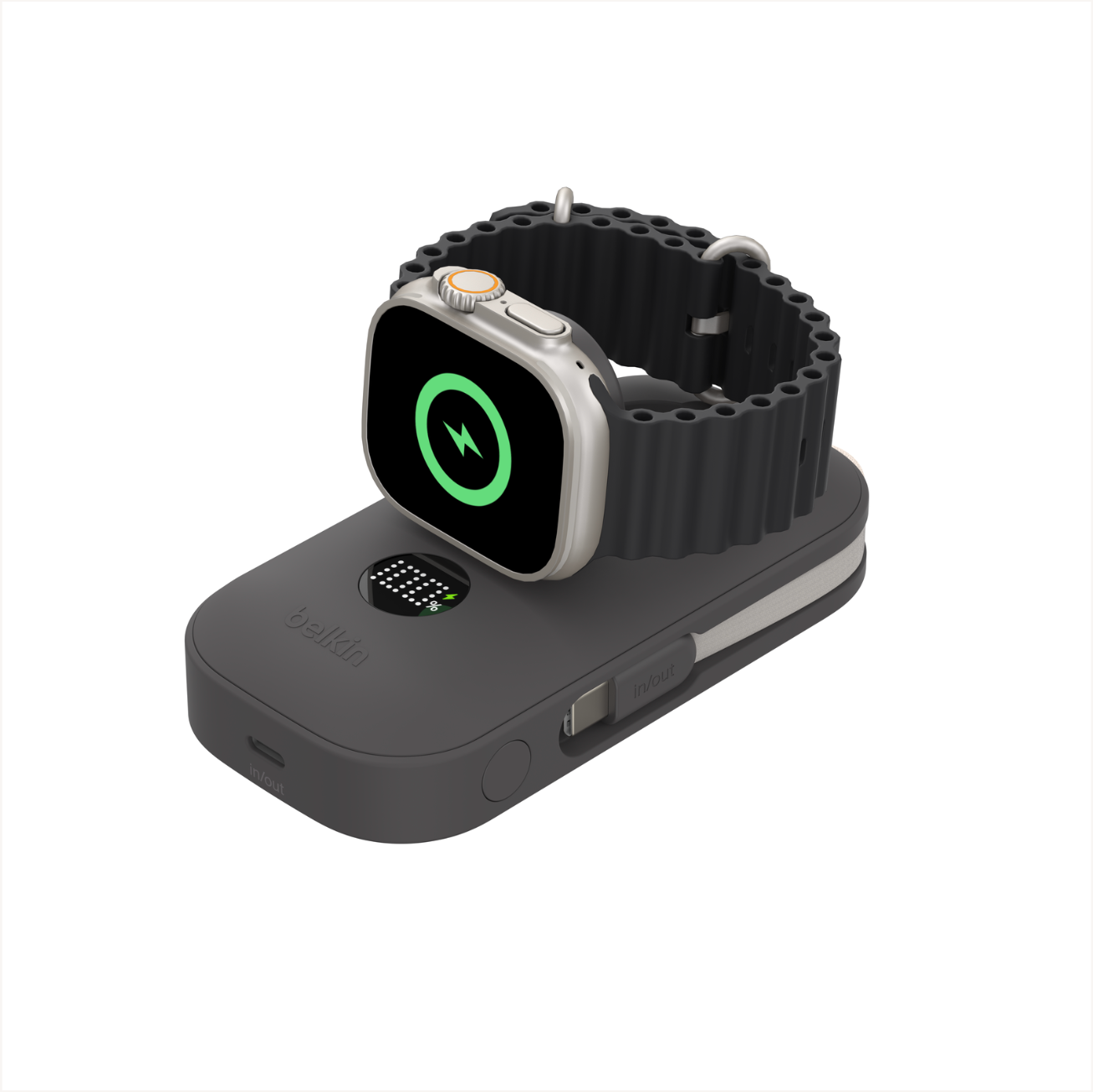 Belkin wireless charger with an Apple Watch resting on top.