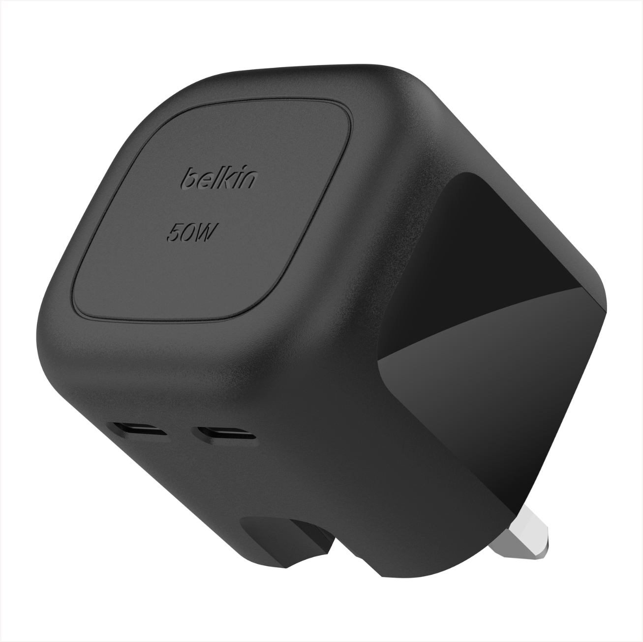 Belkin 50W USB-C wall charger in black with dual ports.