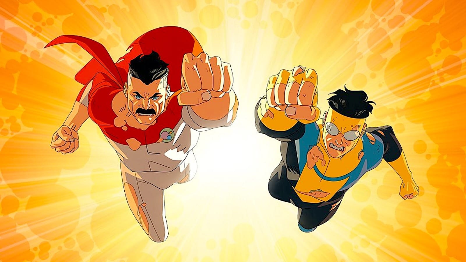 Animated superheroes soaring through the air, showcasing exaggerated movement and power.