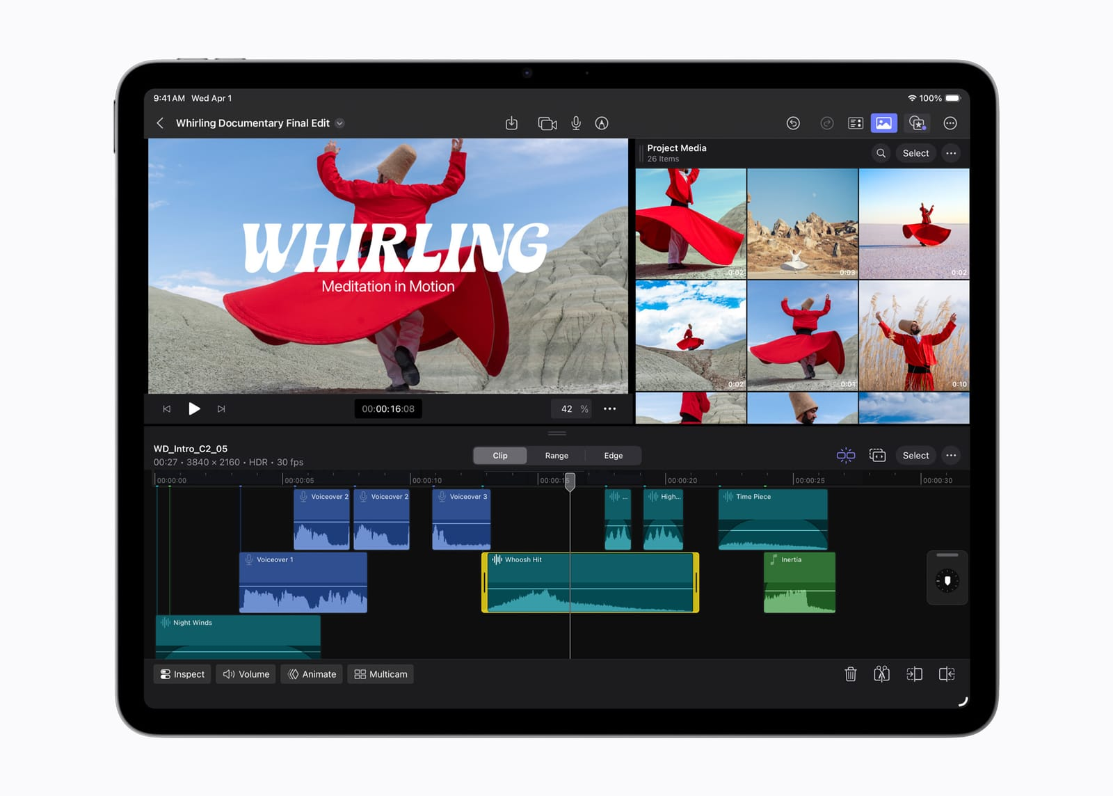 Editing interface of Final Cut Pro on an iPad, showcasing video clips and timeline.
