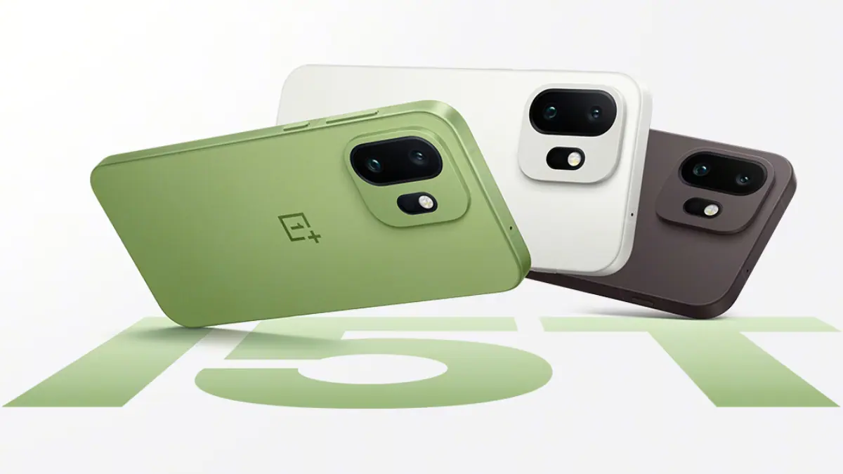 OnePlus 15T and 15s in green, white, and brown, with '15T' text in the background.