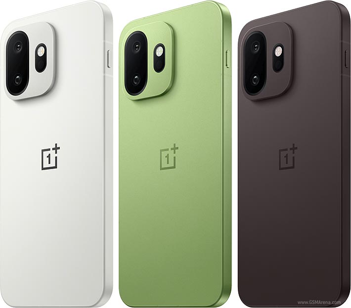 Three OnePlus smartphones in green, white, and brown showing rear camera design.