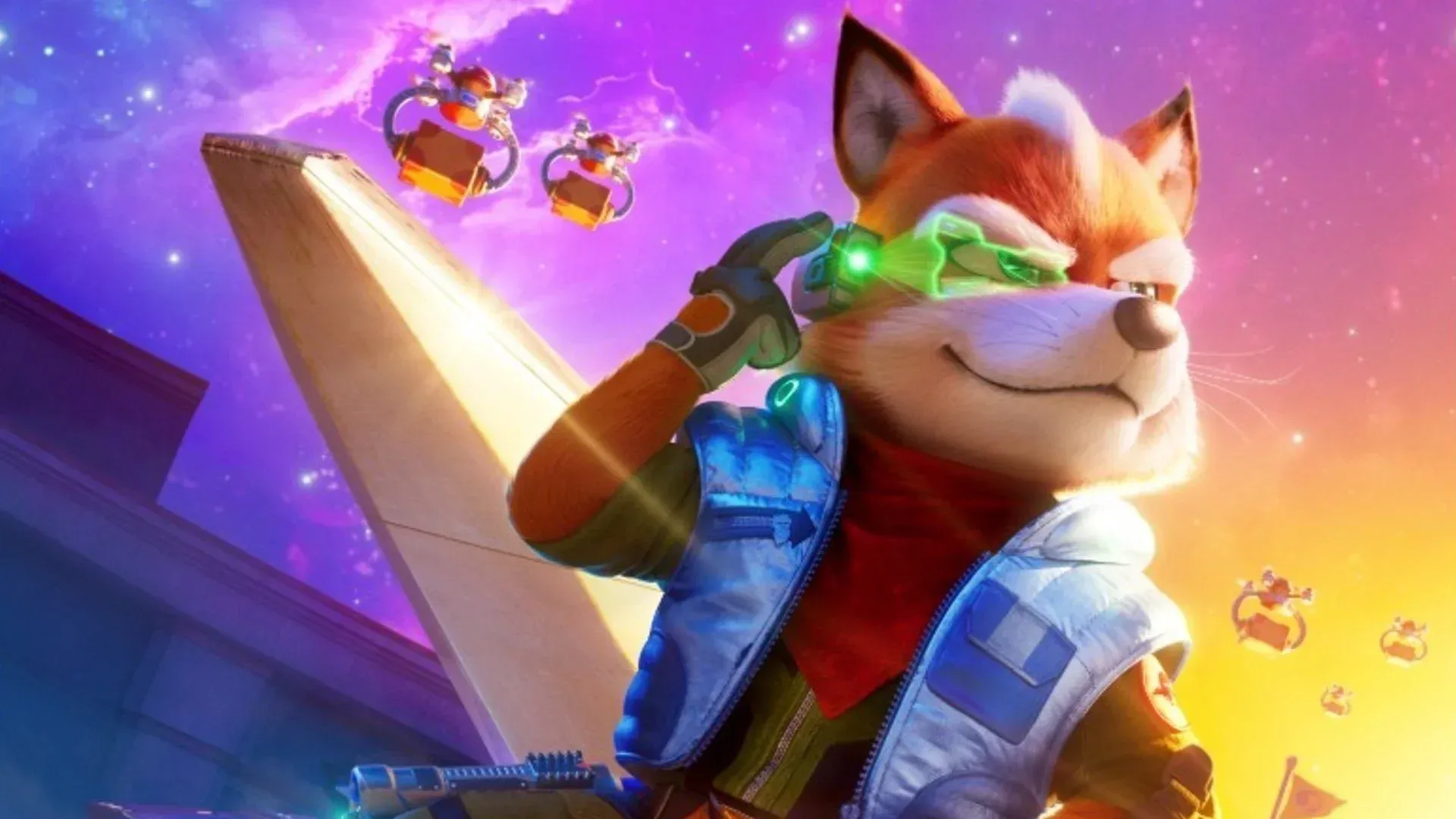 Close-up of Fox McCloud in a space setting, wearing a pilot's jacket and futuristic gadgets.