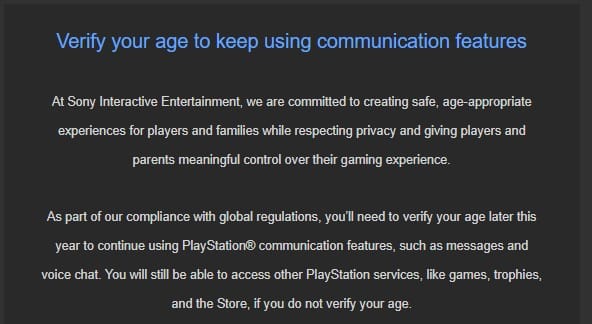 Text outlining age verification requirement for PlayStation communication features.
