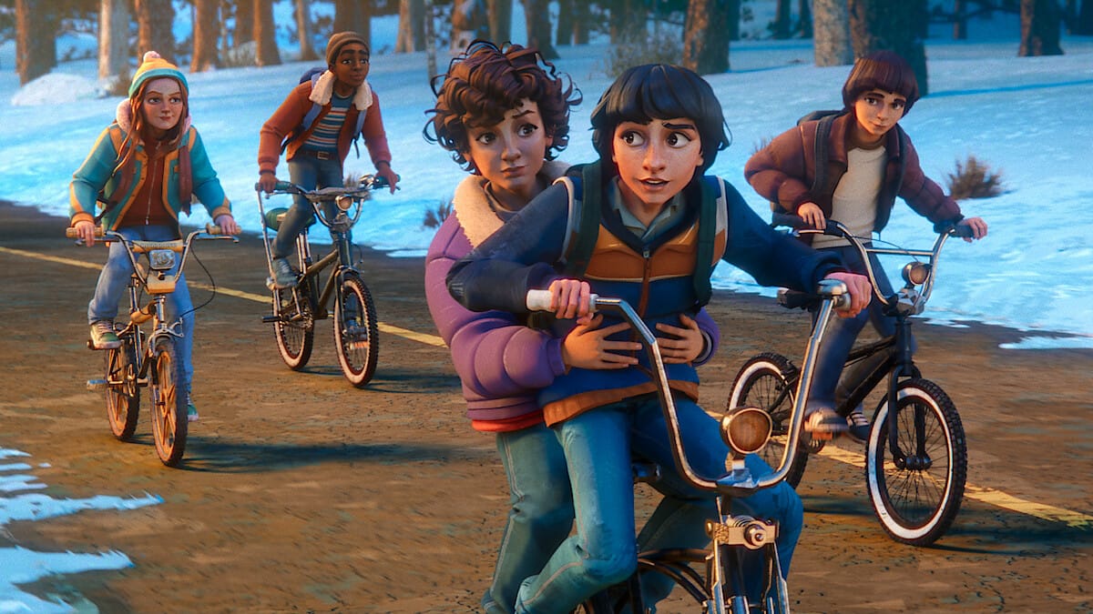 Group of animated characters riding bicycles through a snowy landscape, displaying camaraderie and adventure.