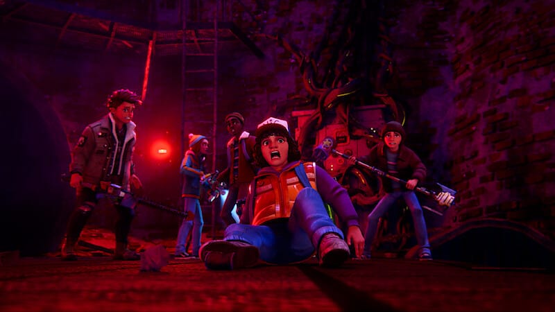 Animated characters in a dark, underground setting preparing to confront a threat, showcasing tension and teamwork.