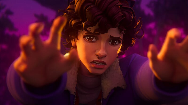 Close-up of an animated character reaching out, expressing fear in a dark, purple-hued forest.