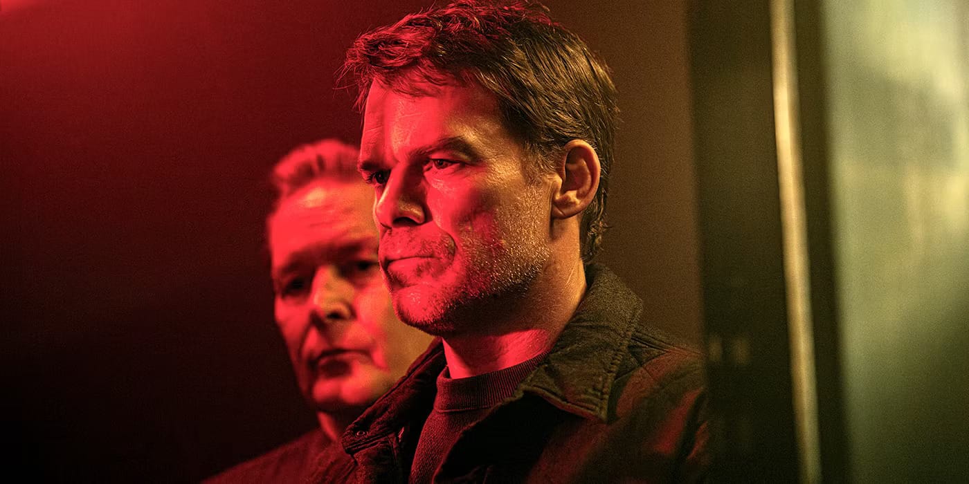 Michael C. Hall and a mysterious figure in a dimly lit setting, highlighted by red light.