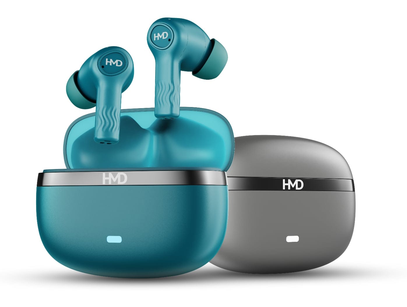 HMD's DUB X50 Pro earbuds in blue and silver, displayed with charging case.