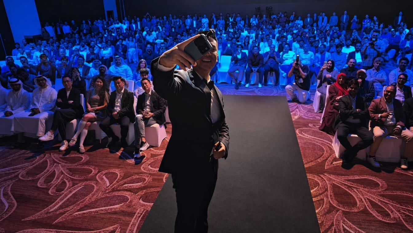 A speaker takes a selfie with an HONOR smartphone at a launch event, while an audience watches in the background.