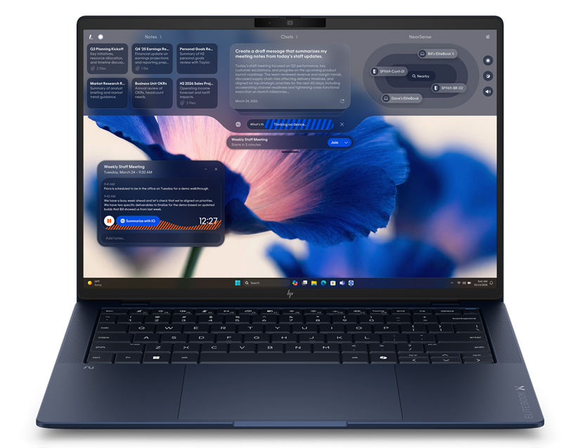 HP IQ platform interface displayed on a sleek laptop, featuring task management and AI suggestions.