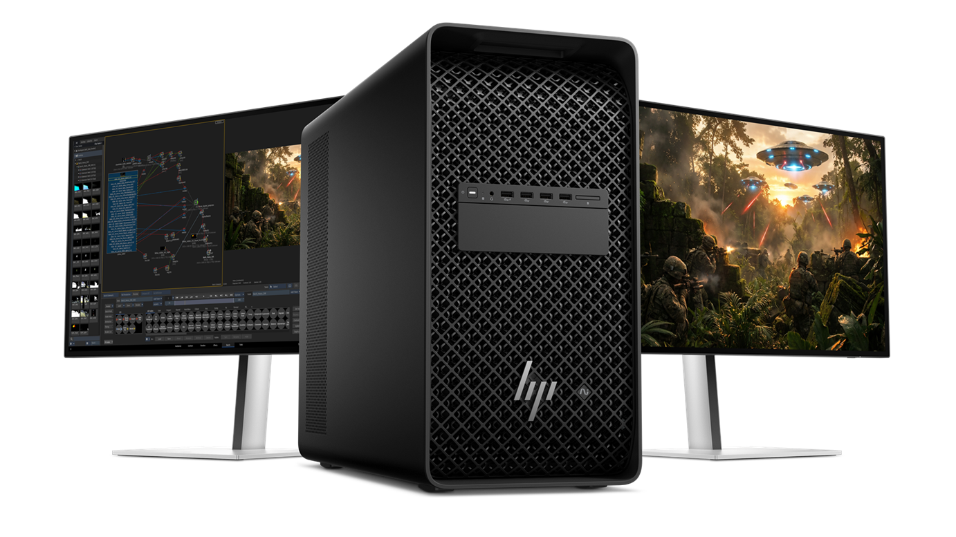 HP Z8 Fury G6i workstation with dual monitors showcasing 3D graphics and video editing software.