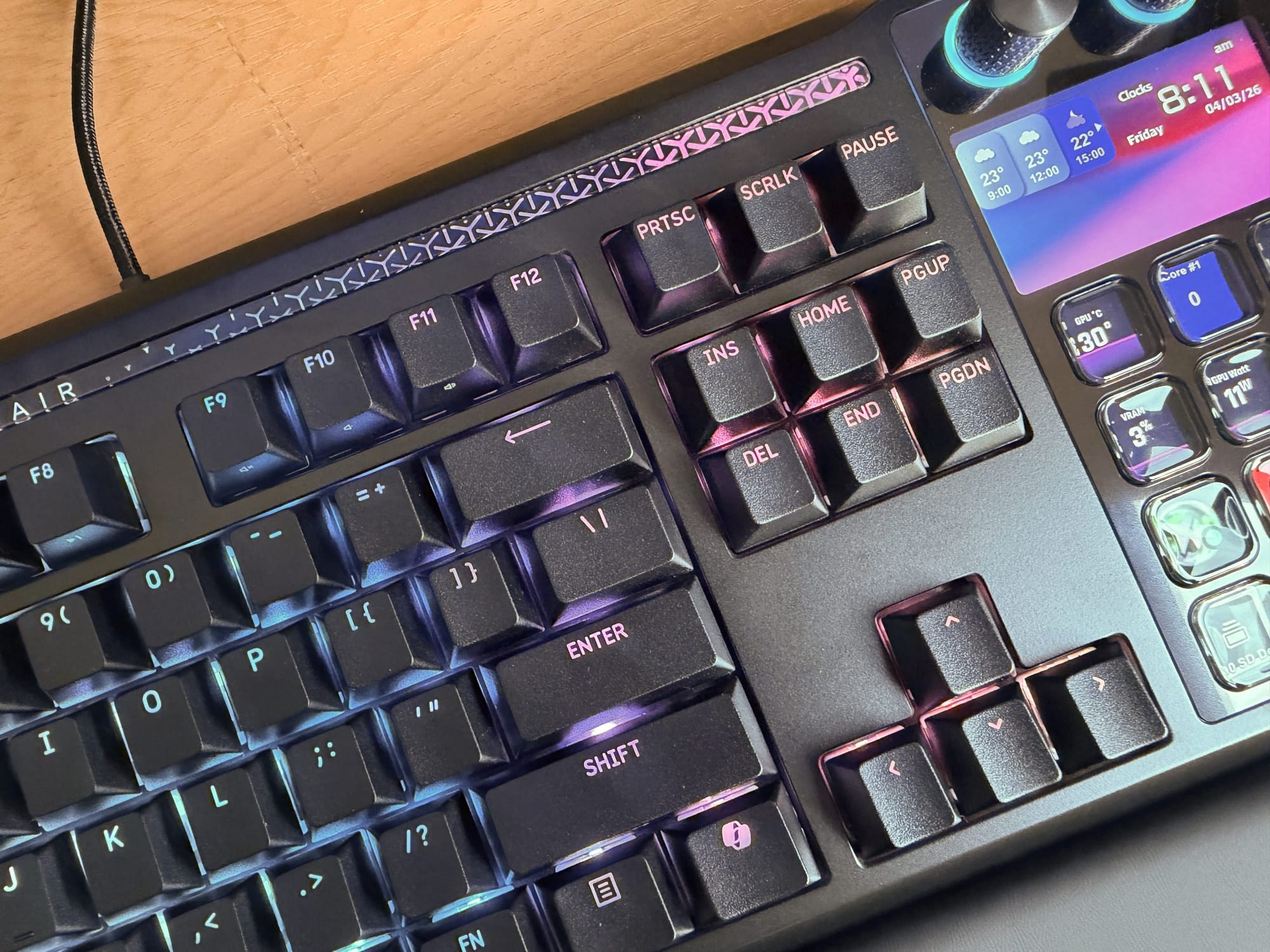Detail of the Corsair Galleon 100 SD keys with RGB lighting effects.