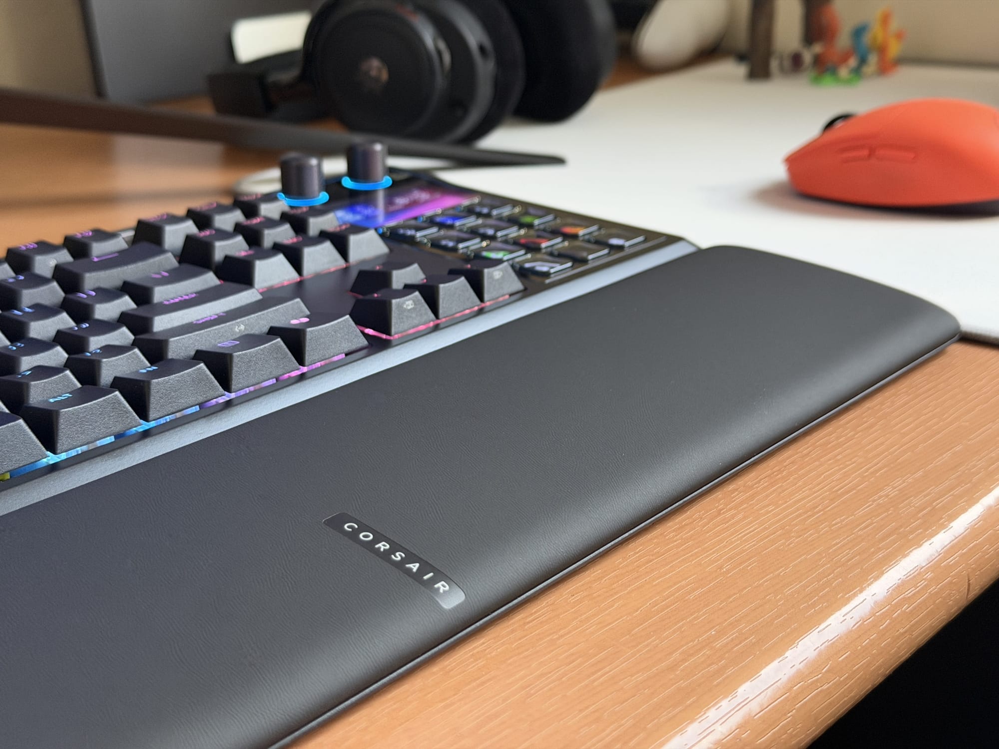 Close-up of Corsair Galleon 100 SD's wrist rest and keyboard layout.