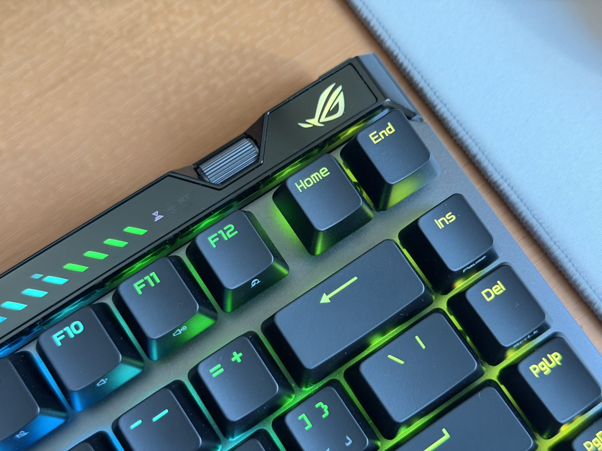 Top view of ASUS ROG Falchion Ace with RGB lights on function keys.