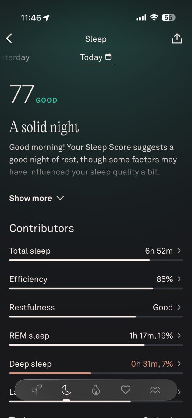 Oura app showing a Sleep Score of 77 with detailed sleep metrics.