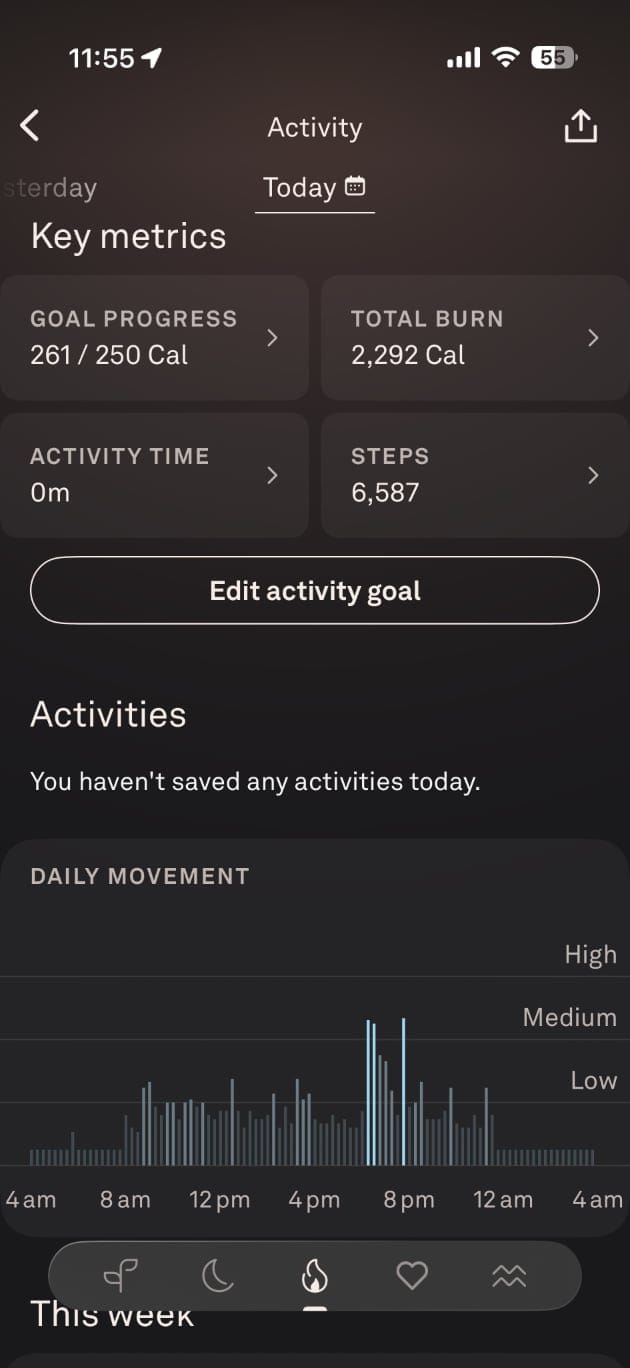 Oura app highlighting daily activity metrics and goals.