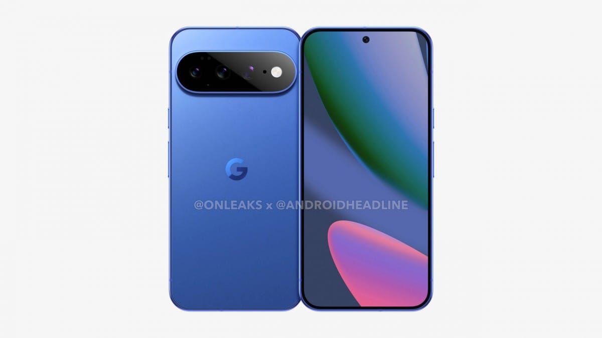 Pixel 11 Pro XL in blue with dual rear cameras and front display featuring a centered hole-punch selfie camera.