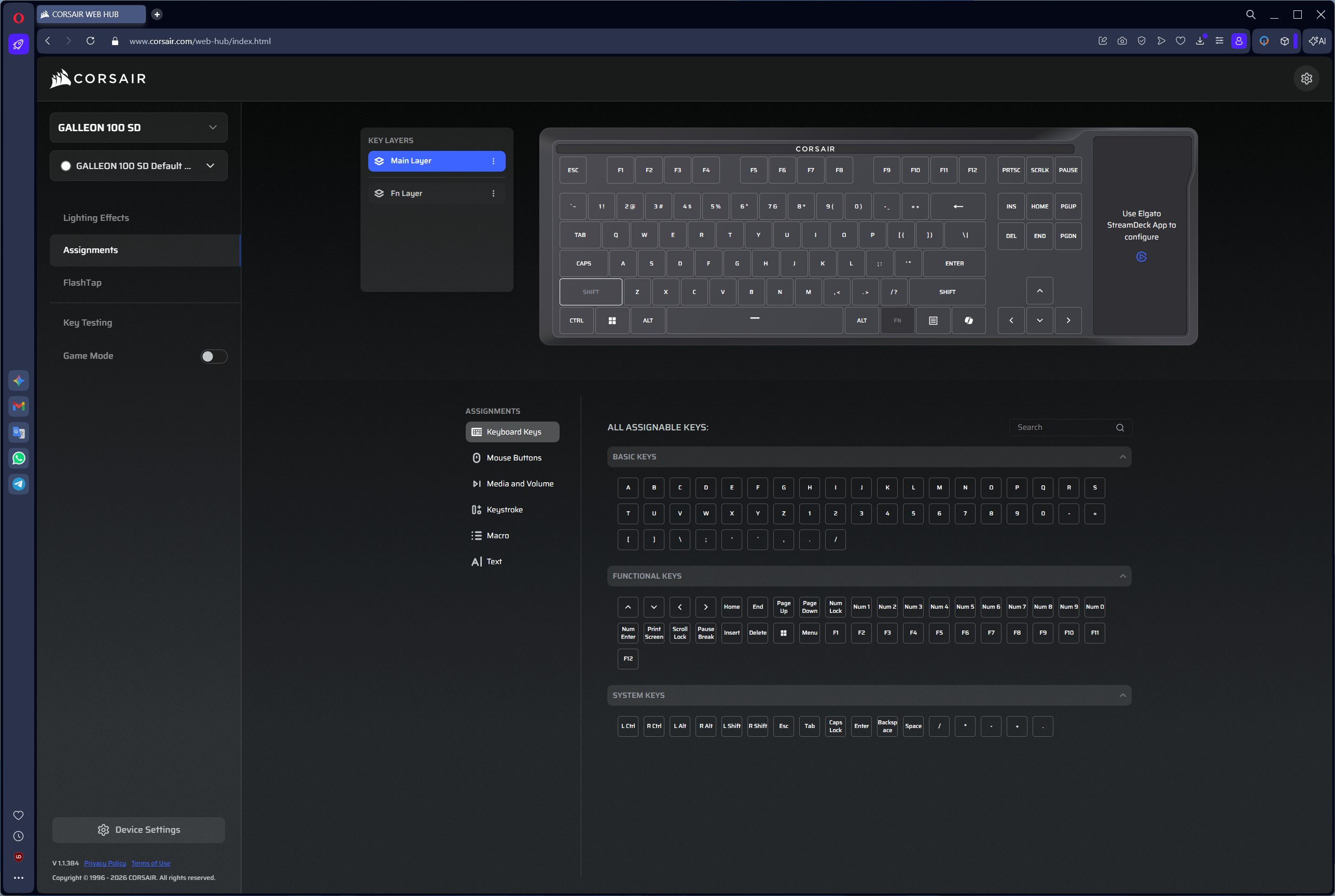 Screenshot of Corsair Galleon 100 SD software showing lighting effects settings.