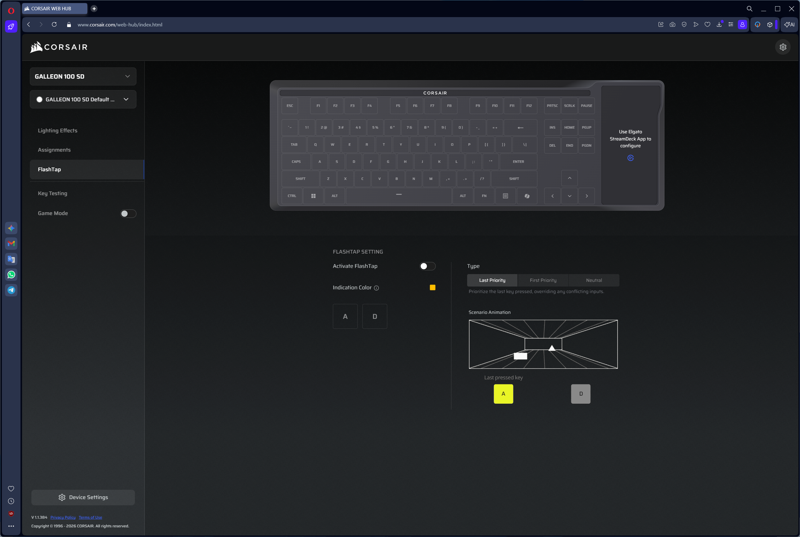 Screenshot of Corsair Galleon 100 SD software displaying key assignment options.