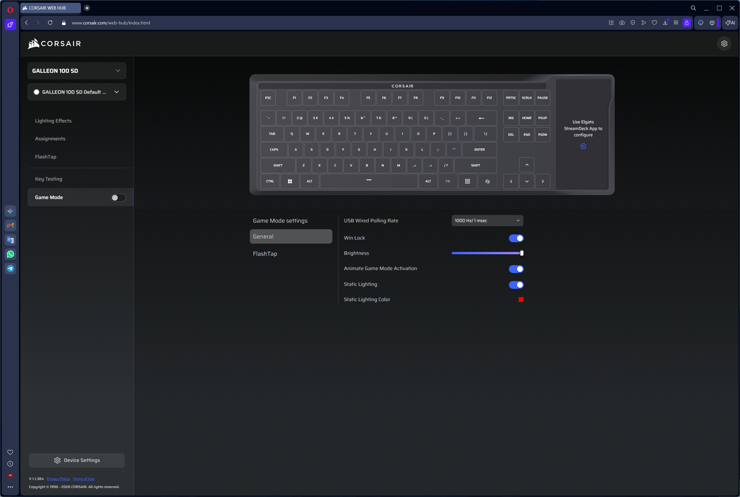 Corsair Galleon 100 SD keyboard settings screen showing lighting and game mode options.