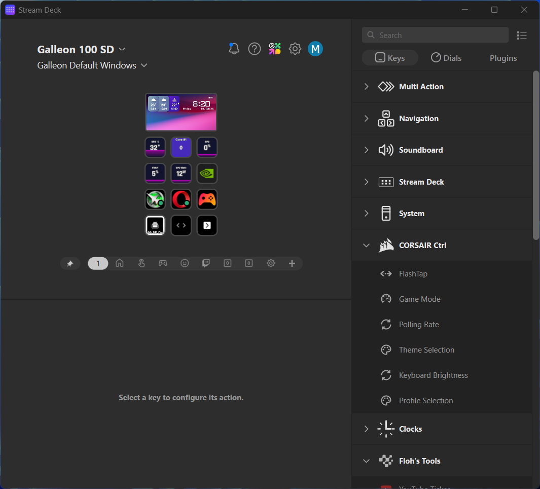 Stream Deck interface for Corsair Galleon 100 SD with various action icons displayed.
