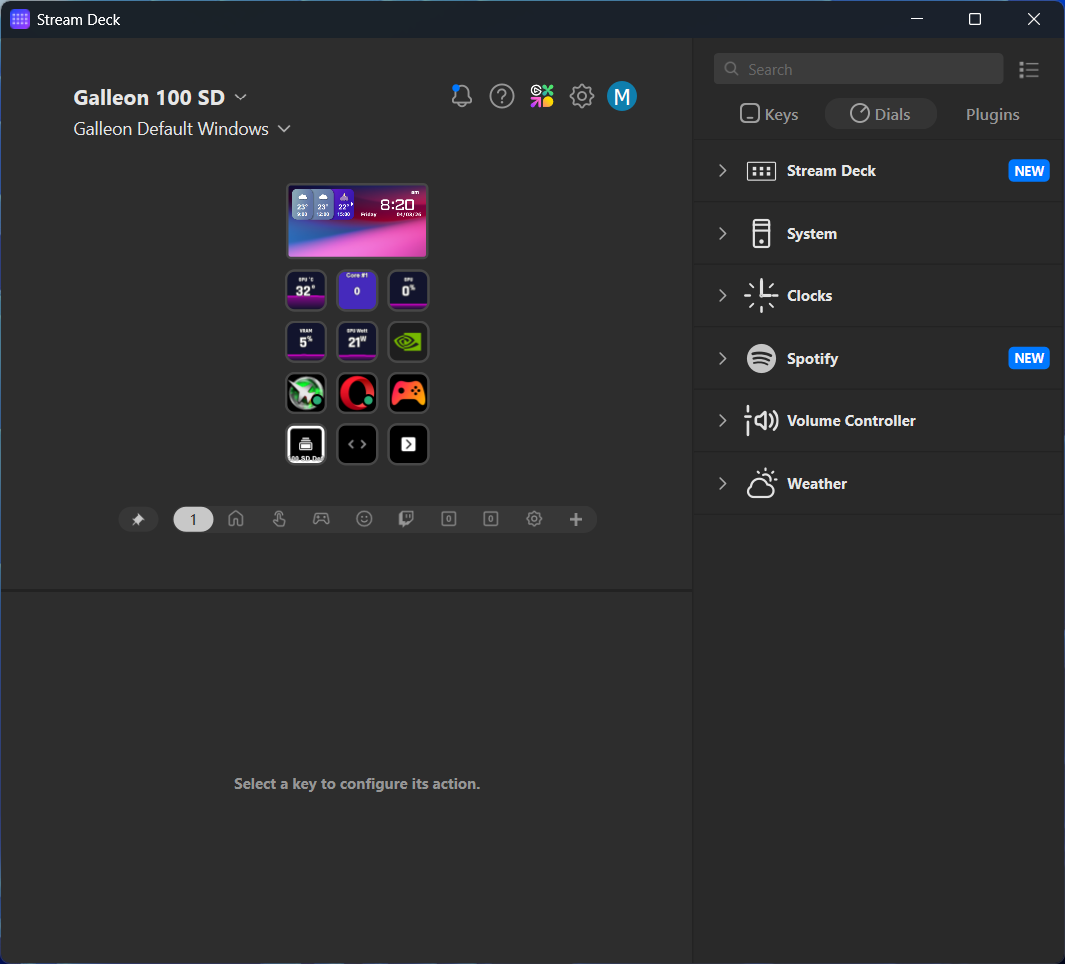 Stream Deck setup for Corsair Galleon 100 SD focused on media control and system actions.