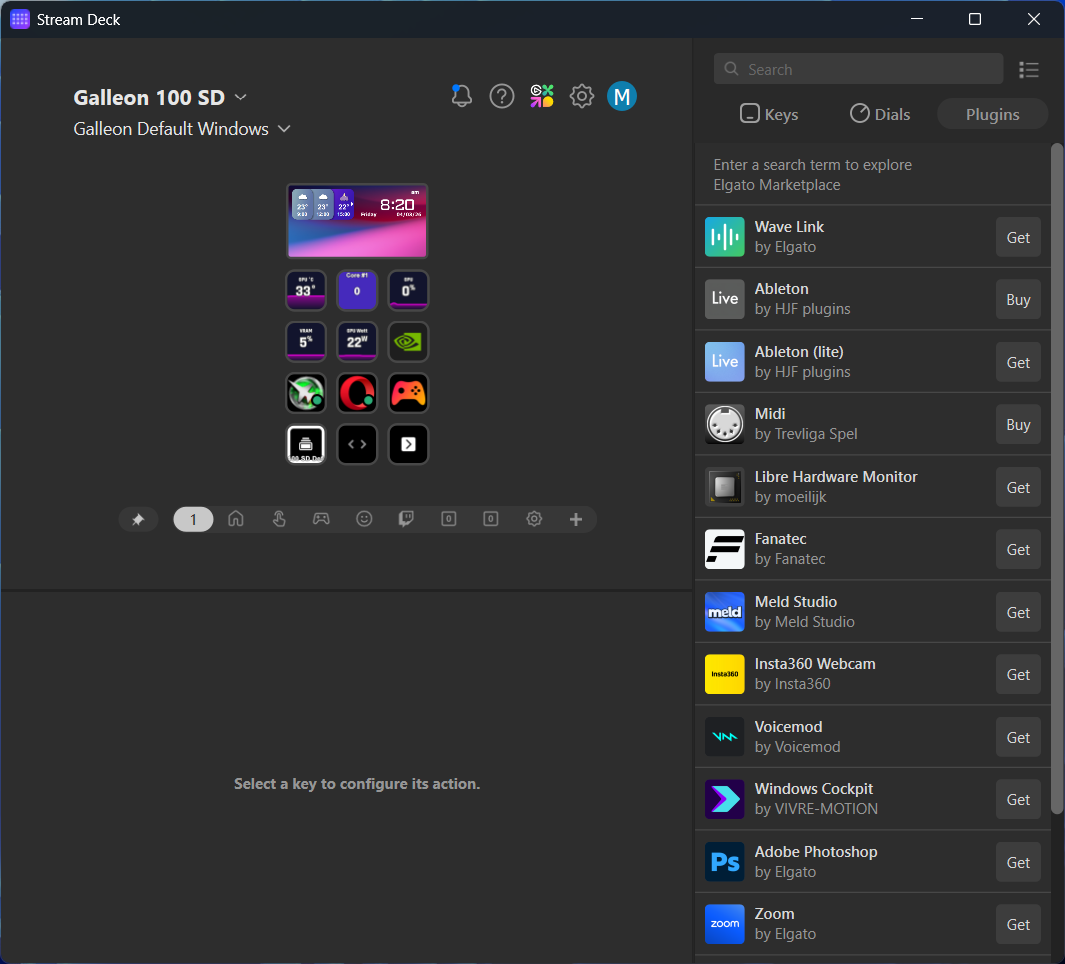 Stream Deck marketplace view for Corsair Galleon 100 SD featuring available plugins.