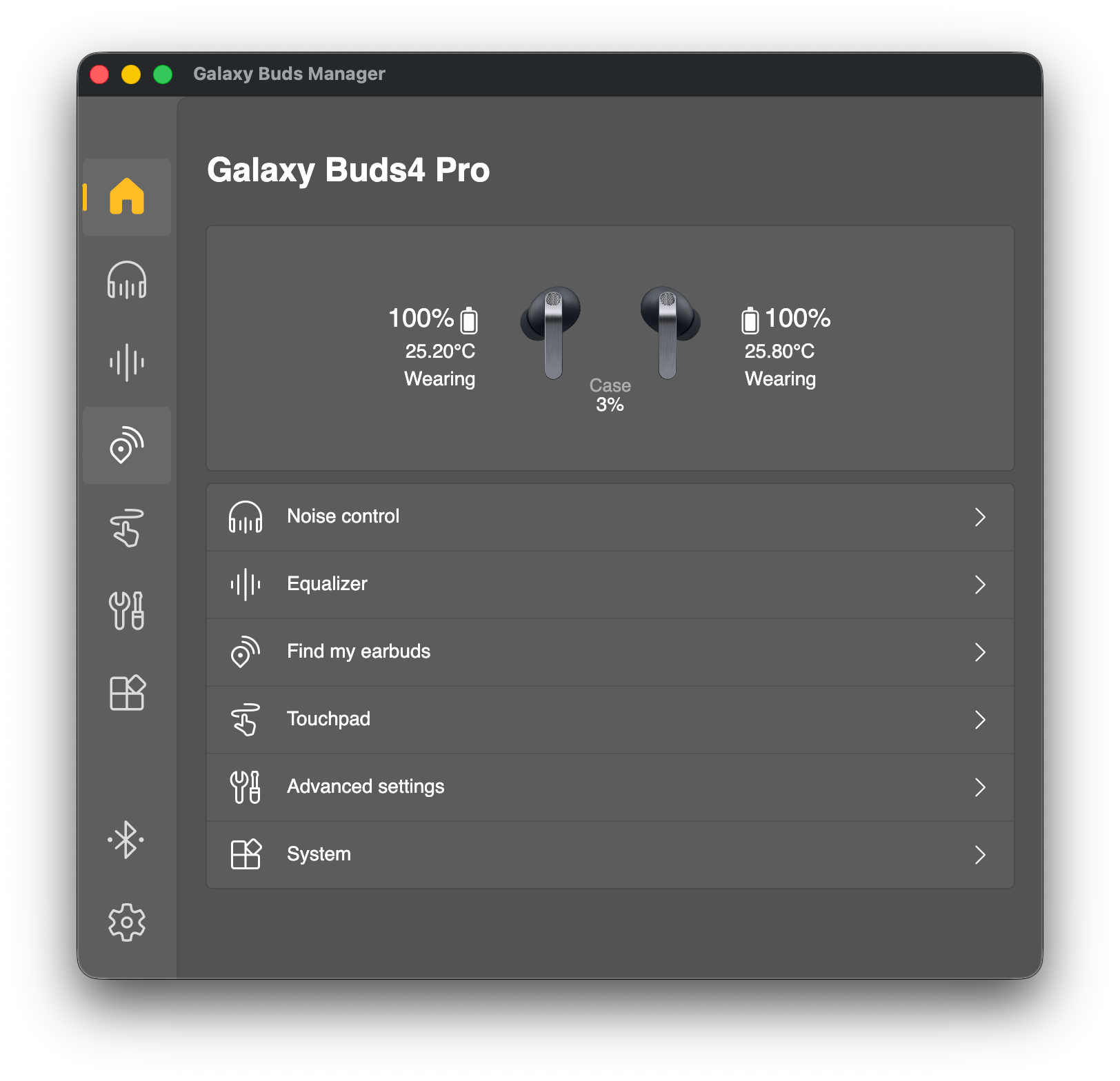 Galaxy Buds4 Pro Manager interface showing battery status and noise control features.