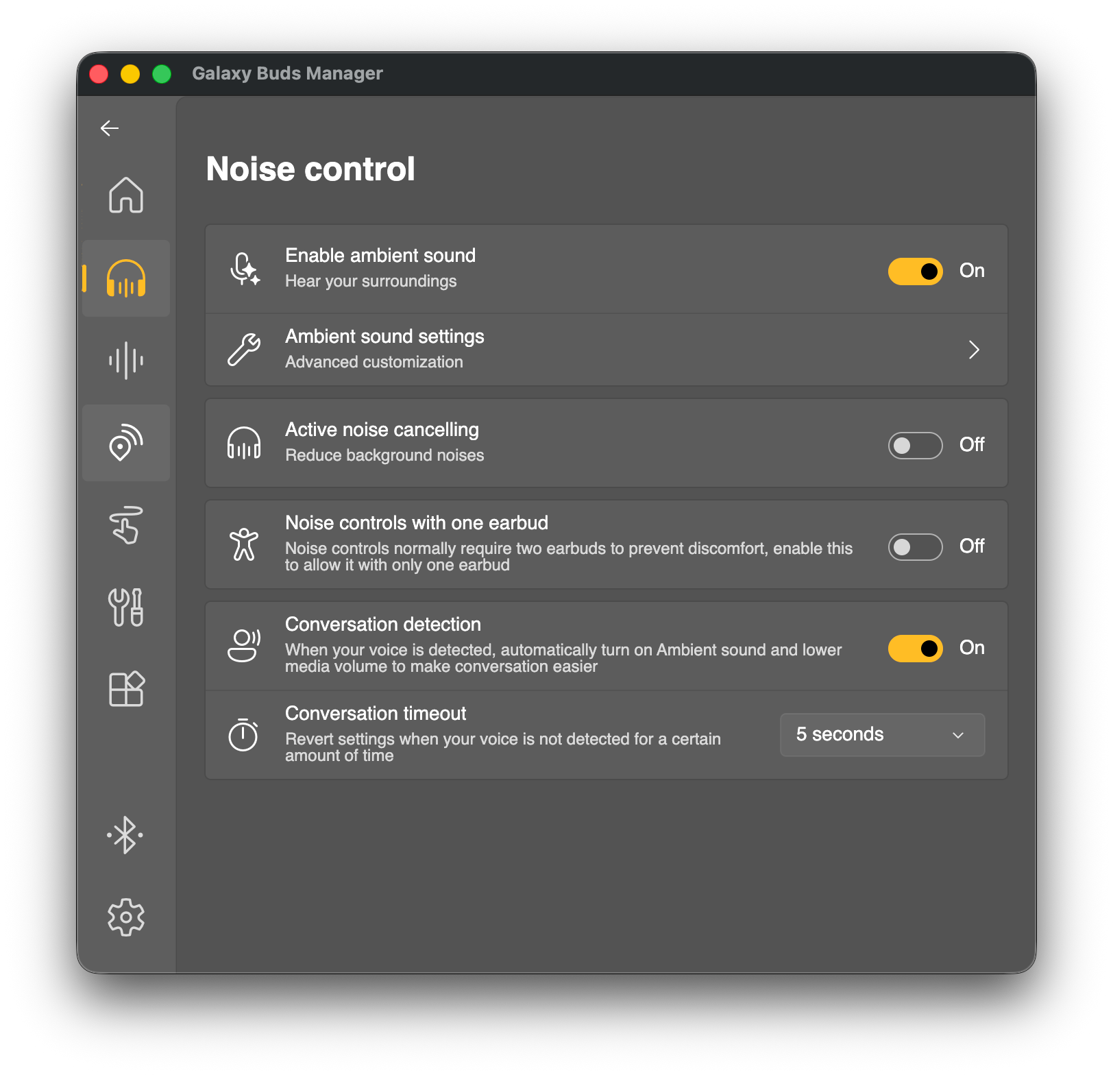 Galaxy Buds4 Pro Manager interface displaying noise control settings and ambient sound options.
