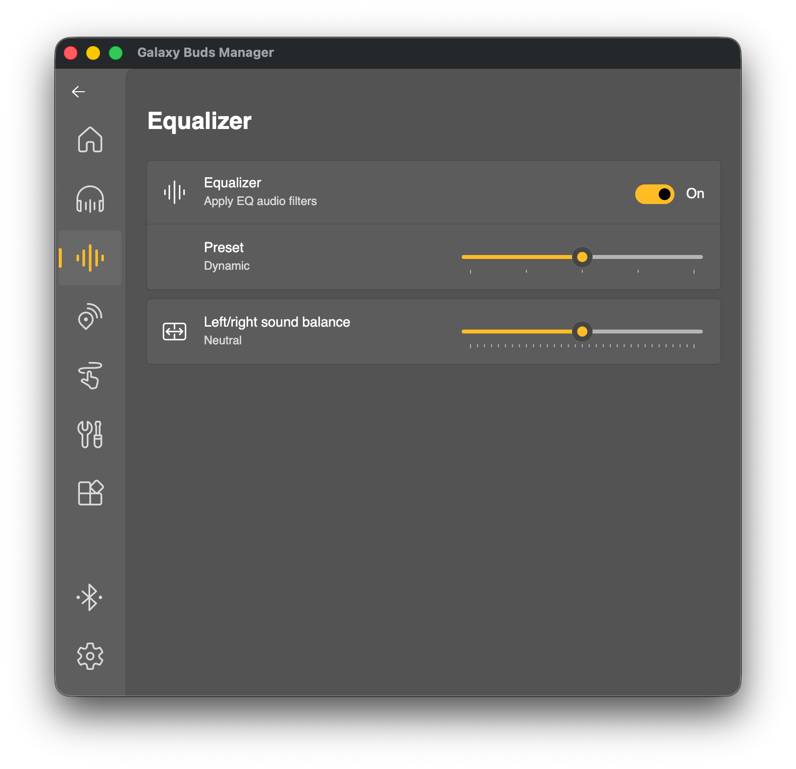 Galaxy Buds Manager equalizer settings with toggle for EQ audio filters.