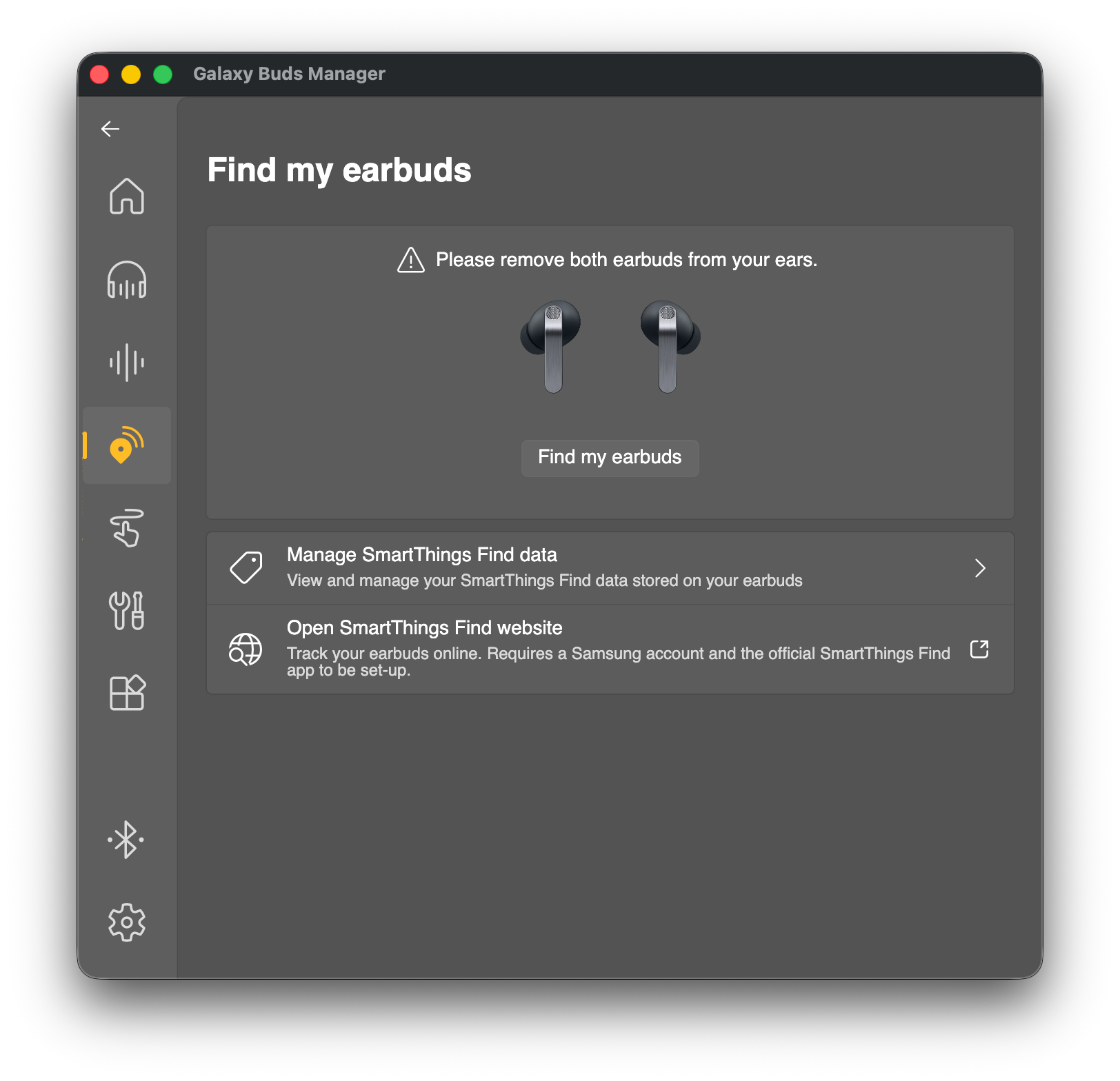Find earbuds section showing options to track and manage Samsung Galaxy Buds.