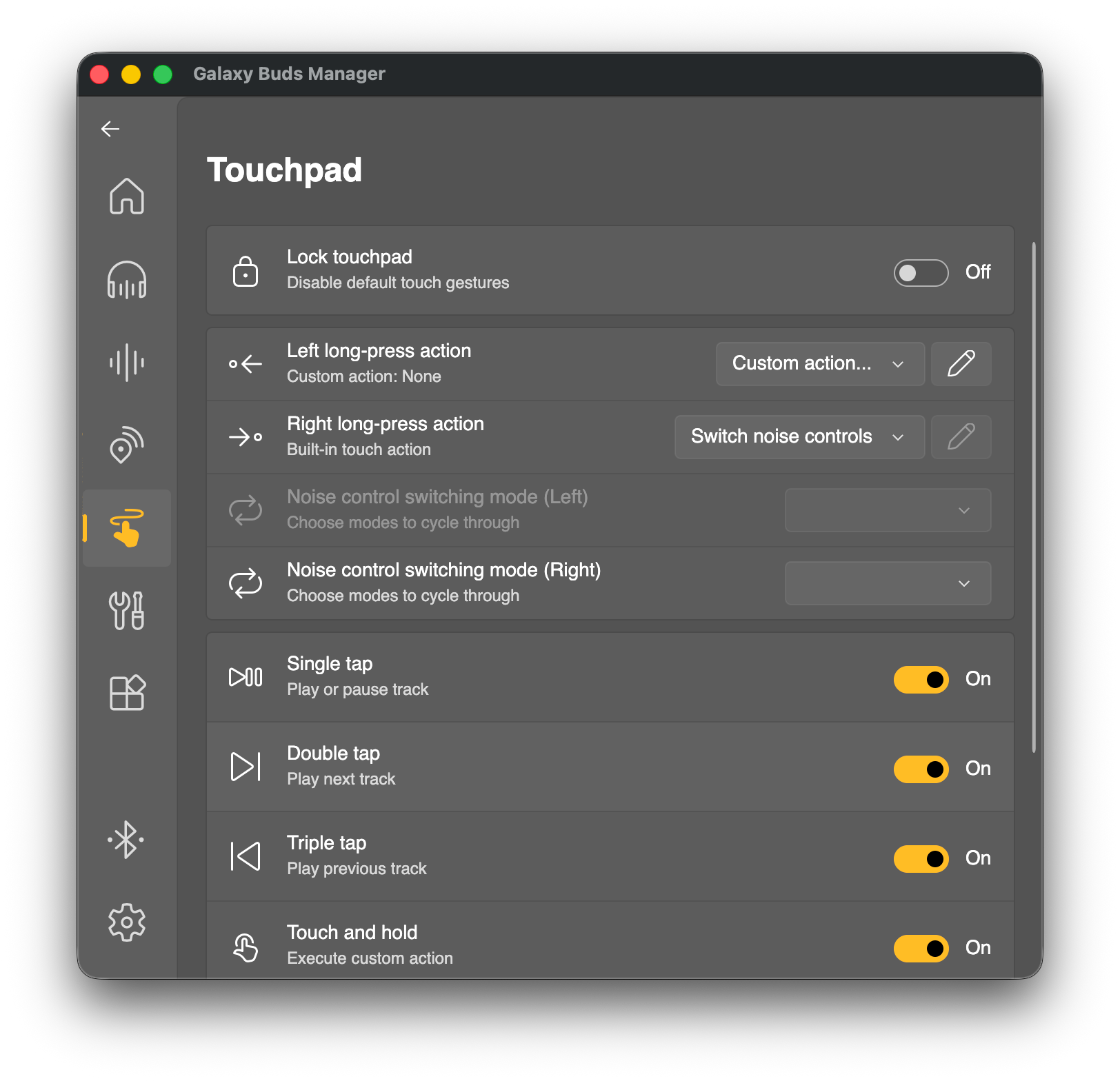 Touchpad settings for Galaxy Buds, including customize actions for taps.