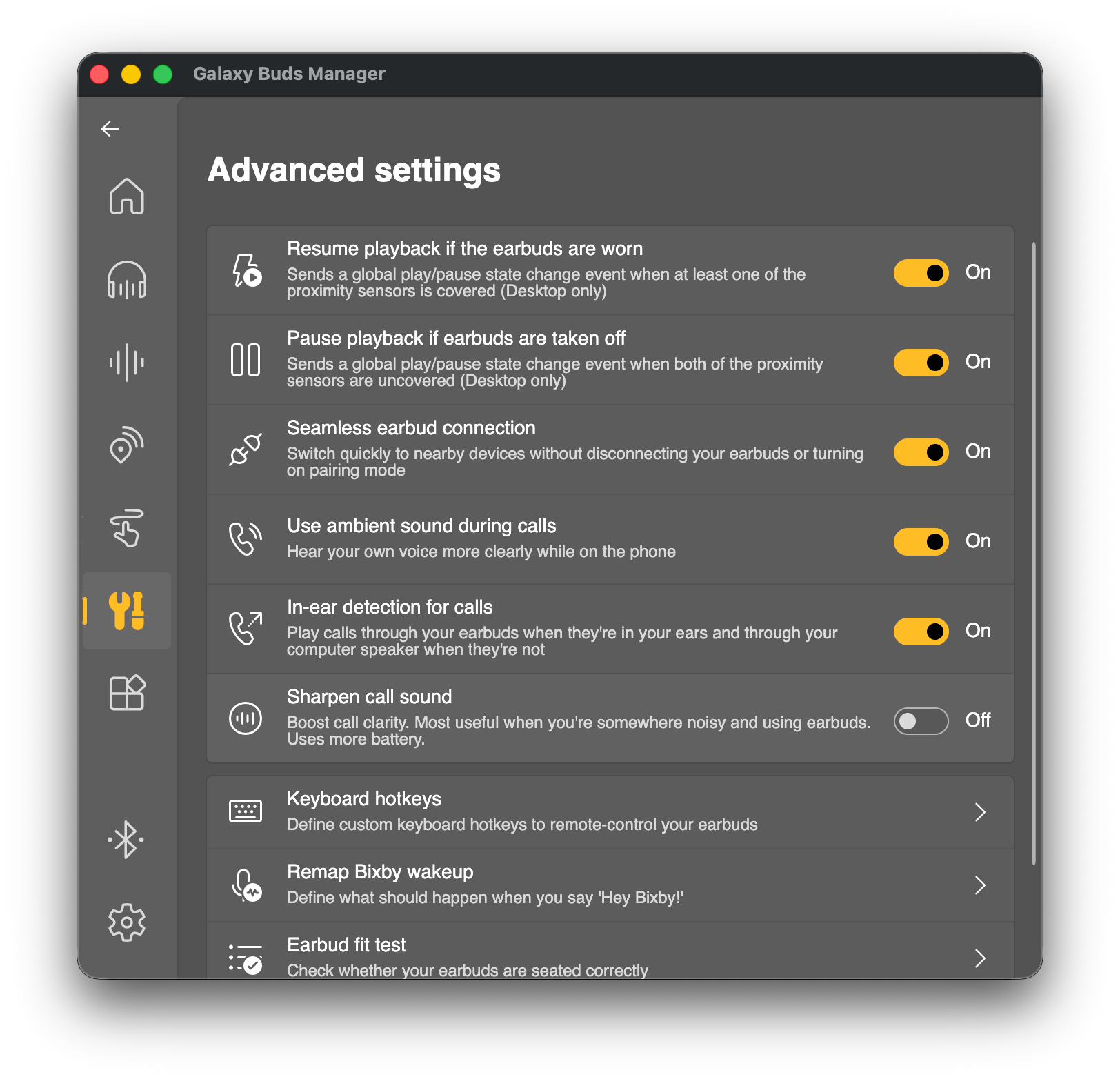 Advanced settings menu for Galaxy Buds, featuring various usage options.