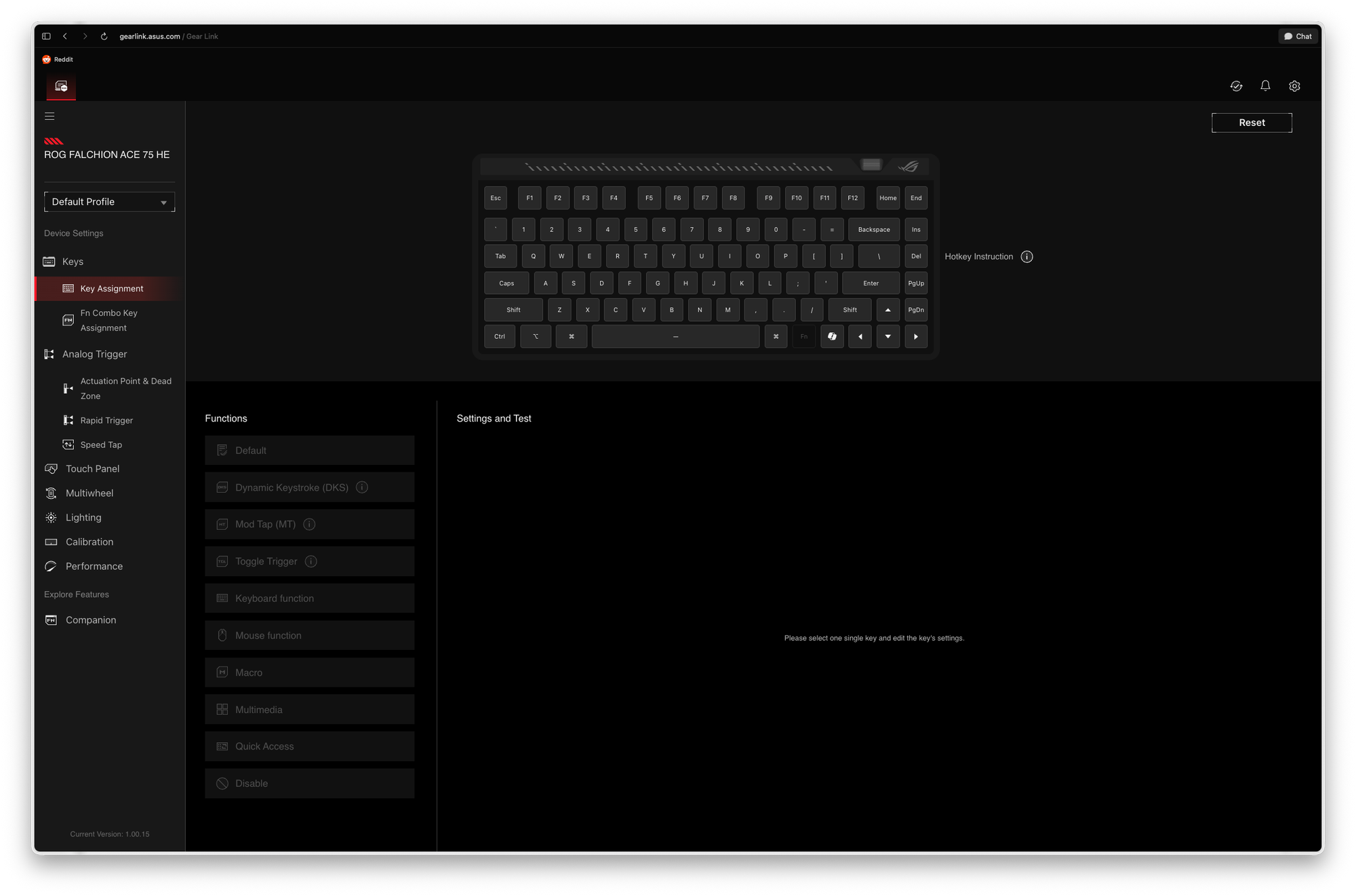 Screenshot of ROG Falchion Ace customization software user interface.