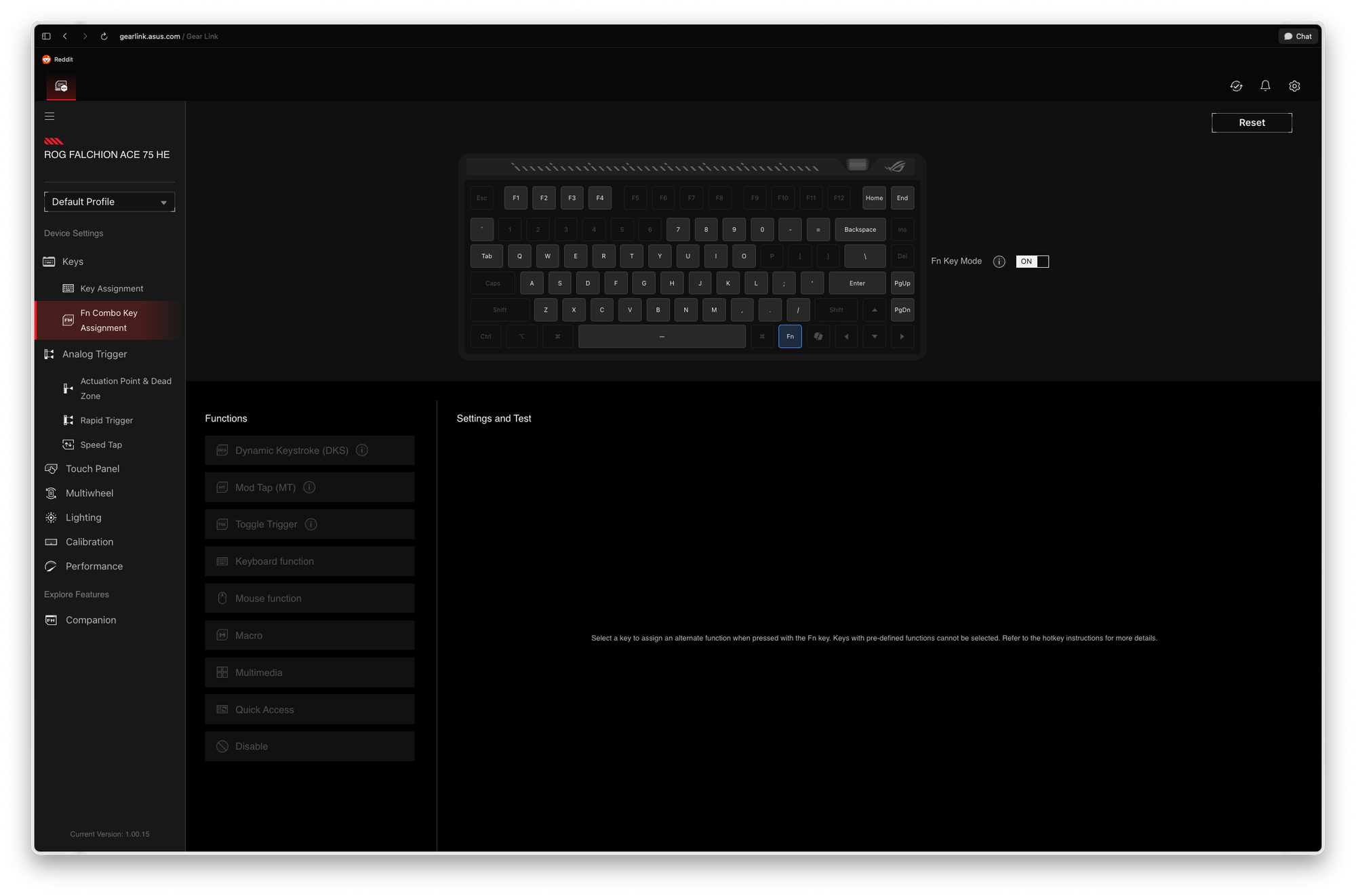 Screenshot of key assignment settings in ROG Falchion Ace software.