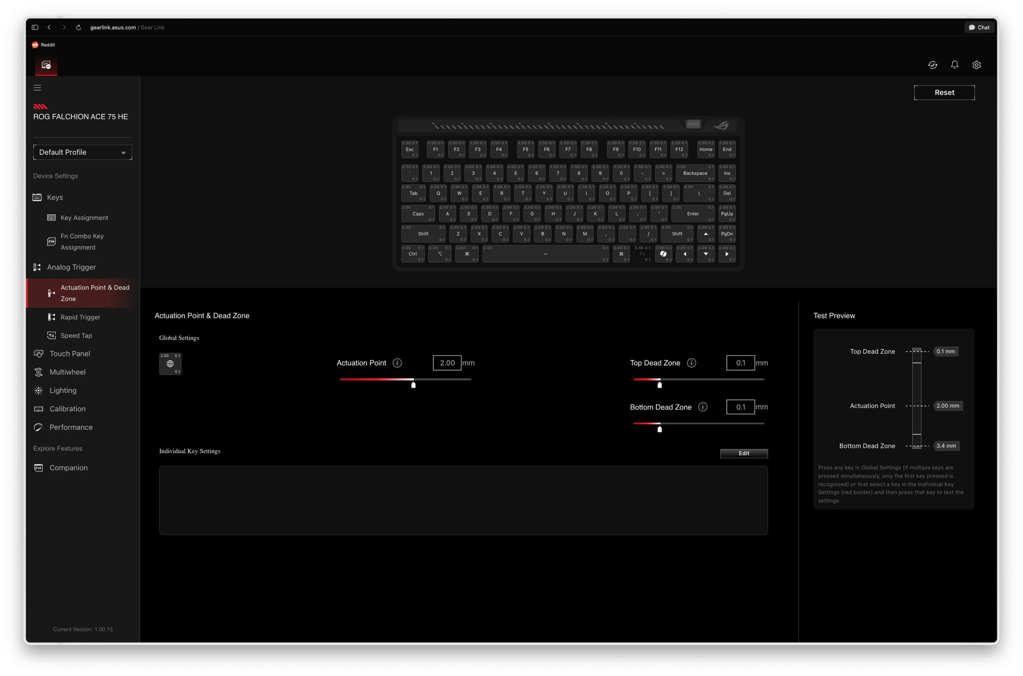 ASUS ROG Falchion Ace 75 HE keyboard UI showing default profile settings.