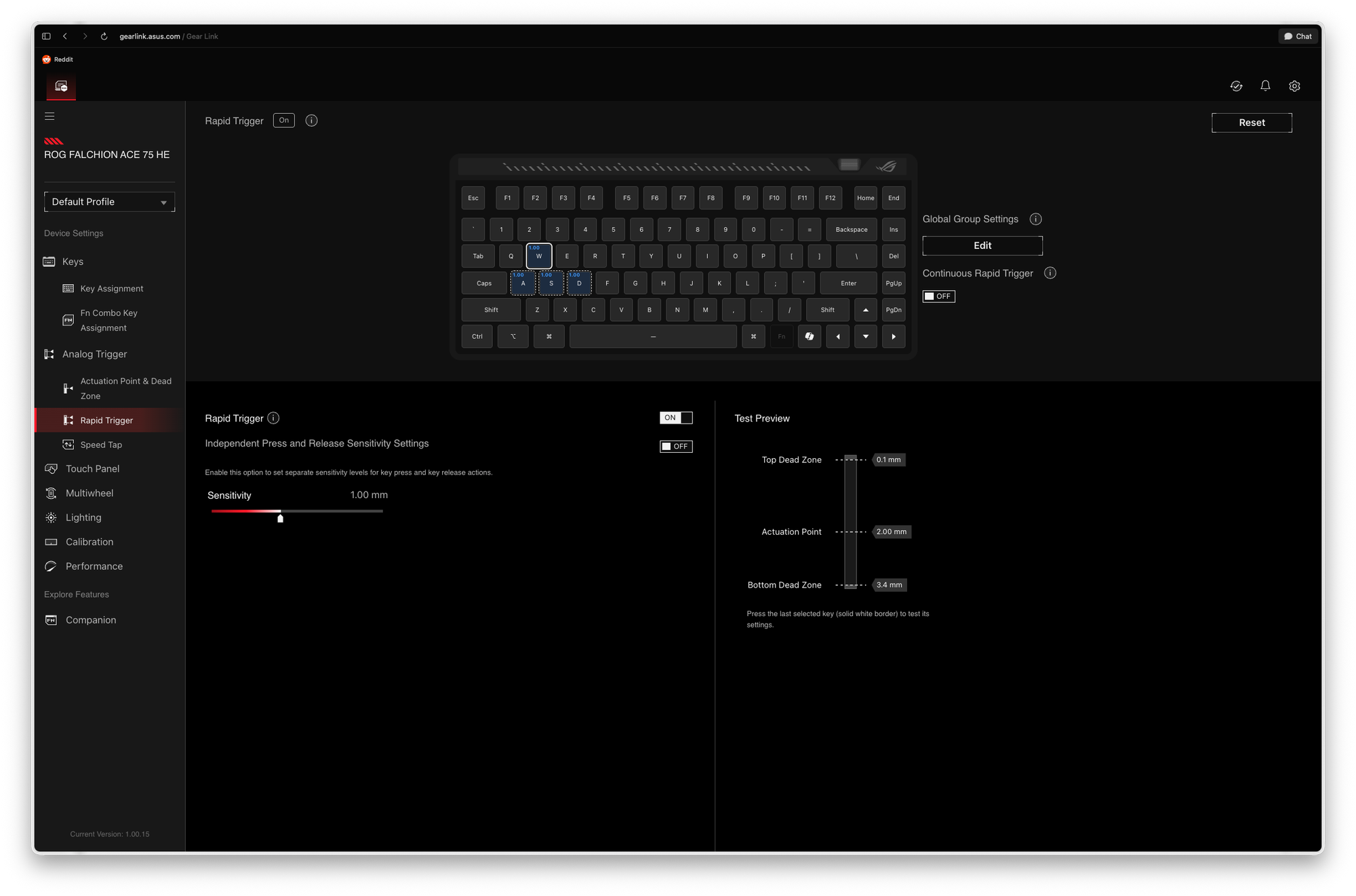 Keyboard configuration UI displaying rapid trigger adjustments on ASUS ROG software.