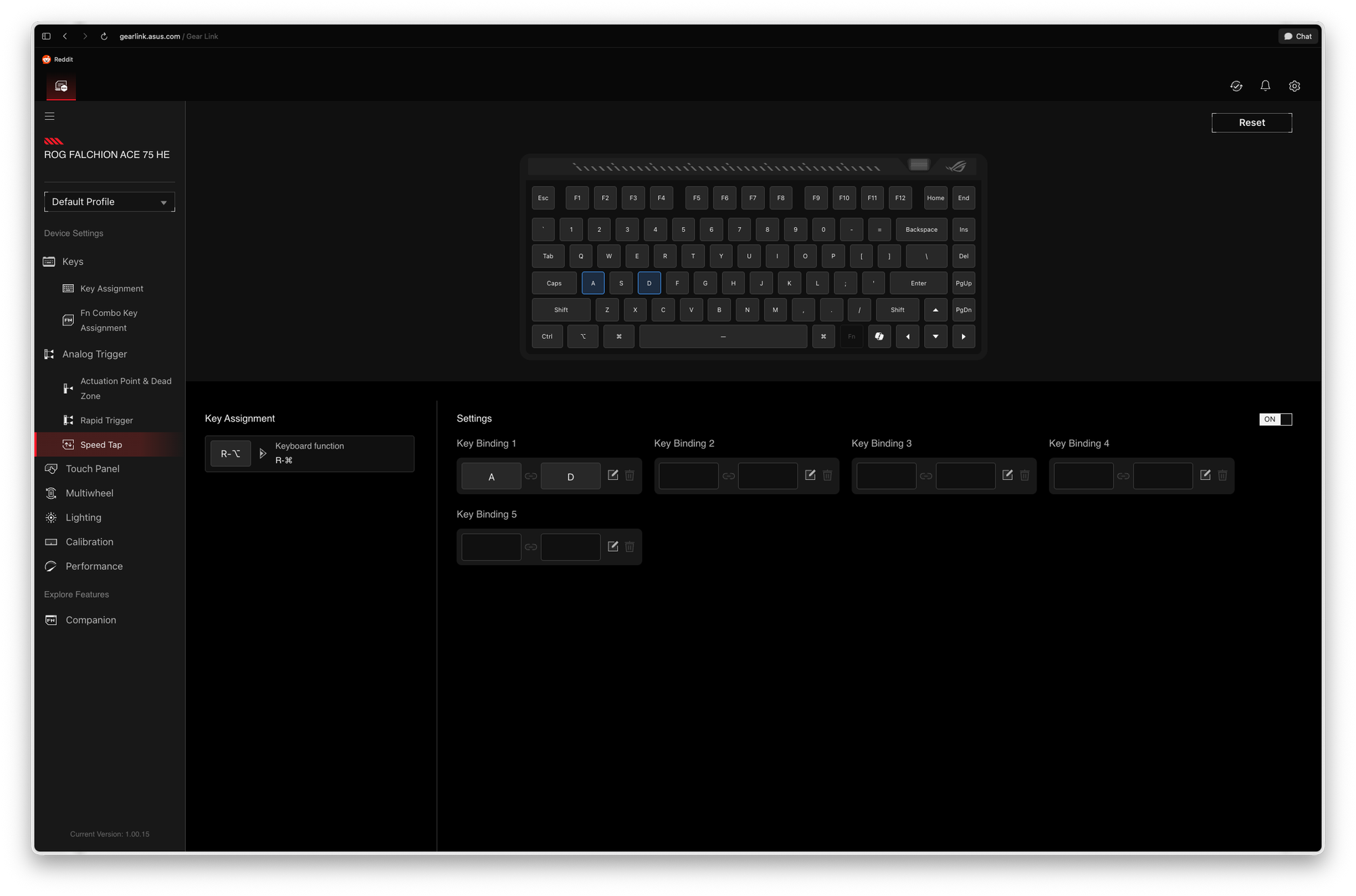 Key assignment interface for ASUS ROG Falchion Ace 75 HE keyboard customization.