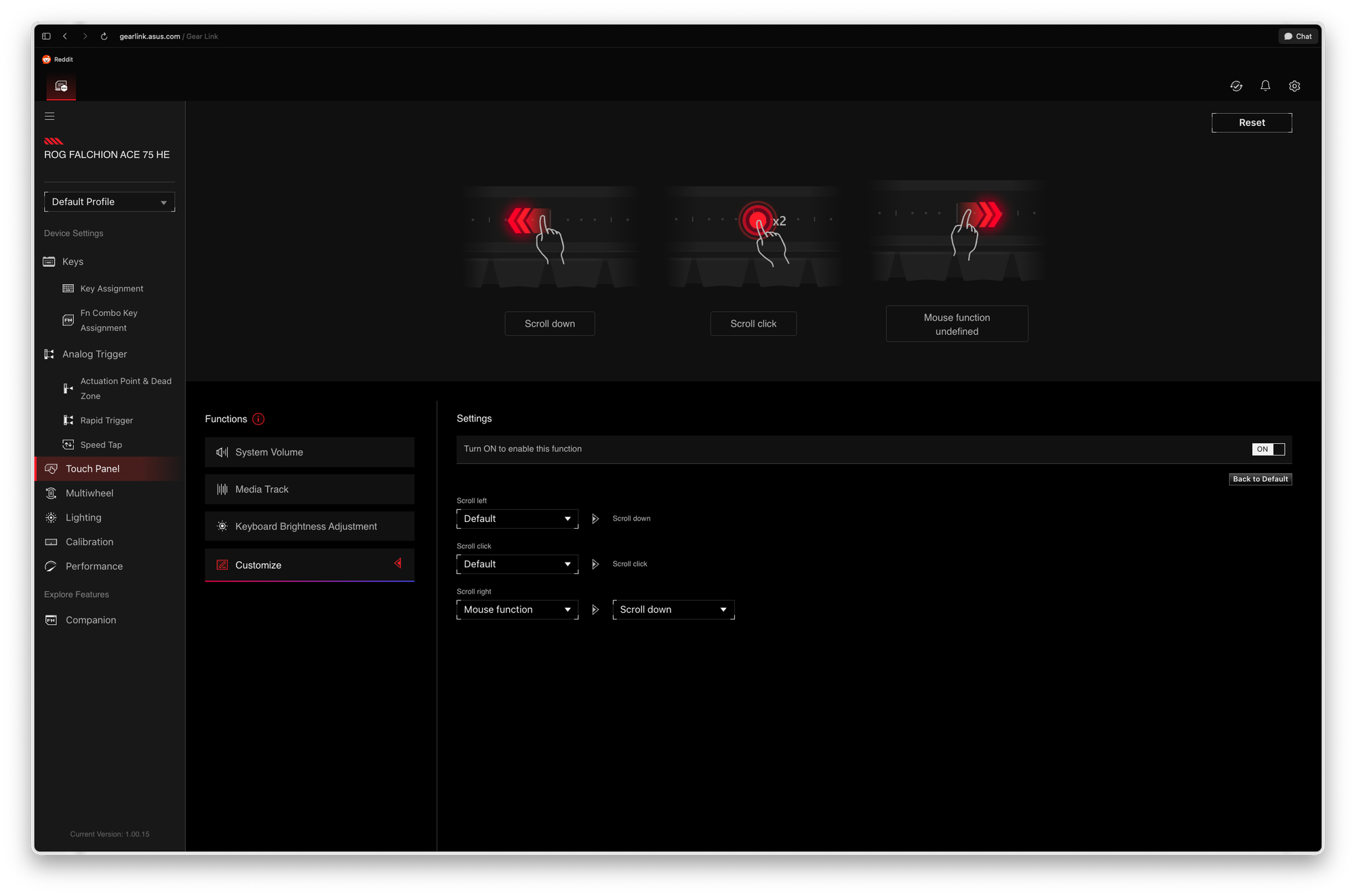 Touch panel settings UI featuring customization options for the ASUS ROG keyboard.