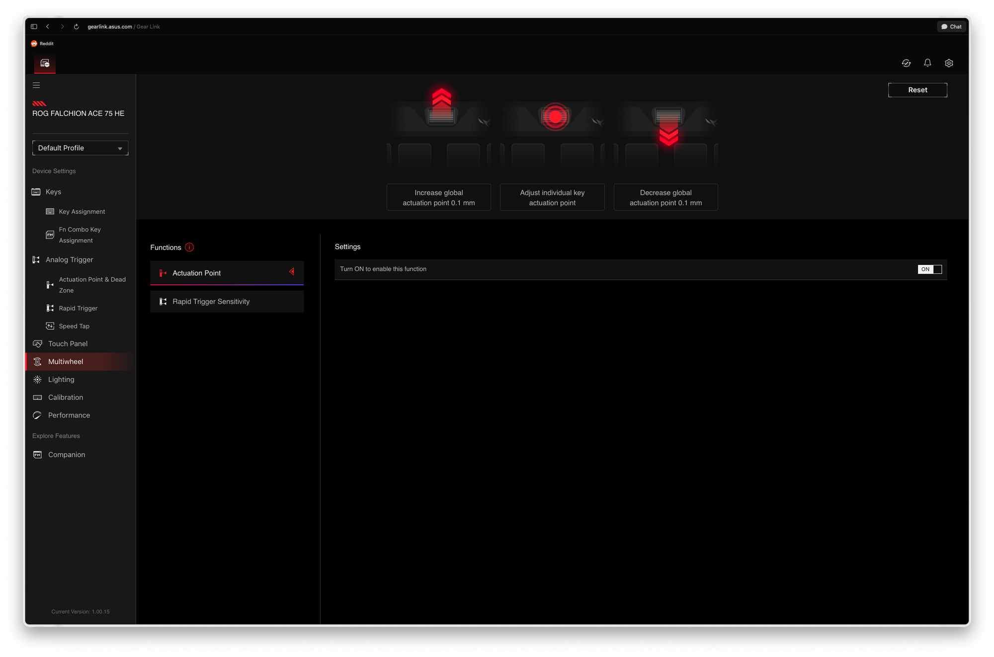 Multi-function settings UI for ASUS ROG Falchion Ace 75 HE keyboard features.