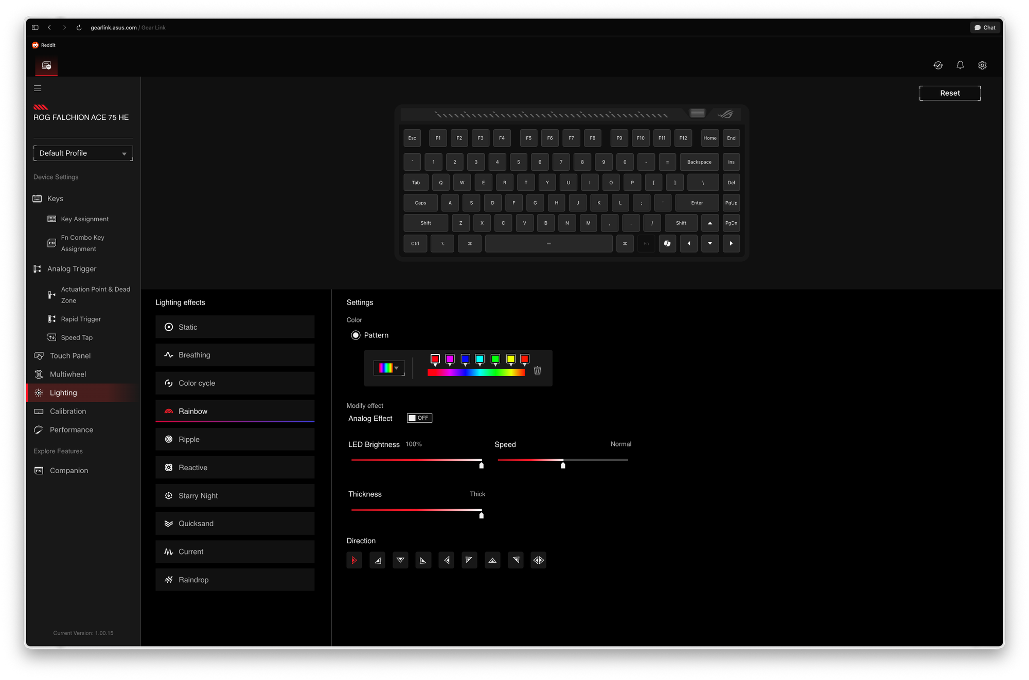 Lighting configuration interface displaying RGB options for ASUS ROG keyboard.