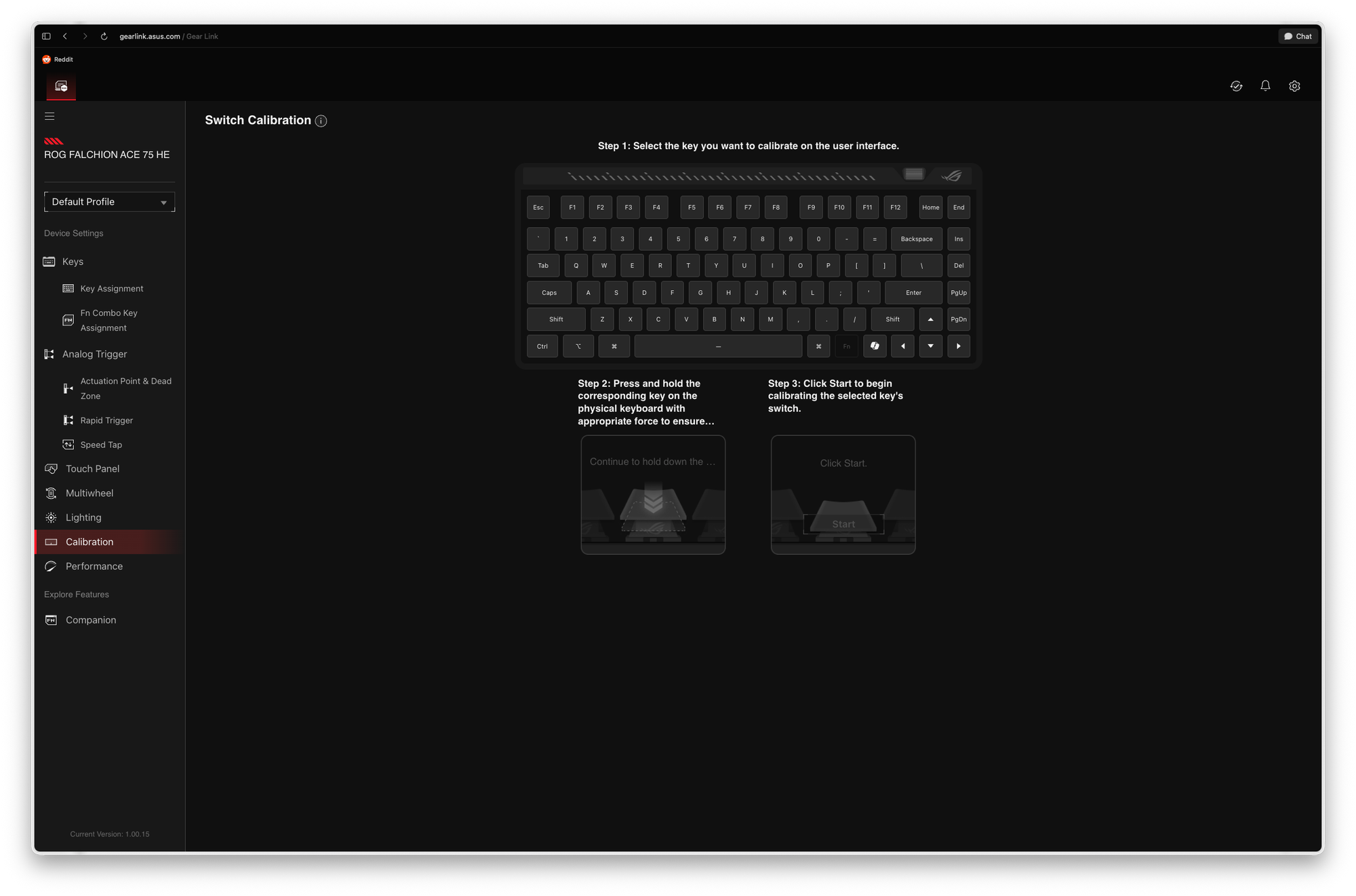 Calibration guide UI for ASUS ROG Falchion Ace 75 HE keyboard setup.