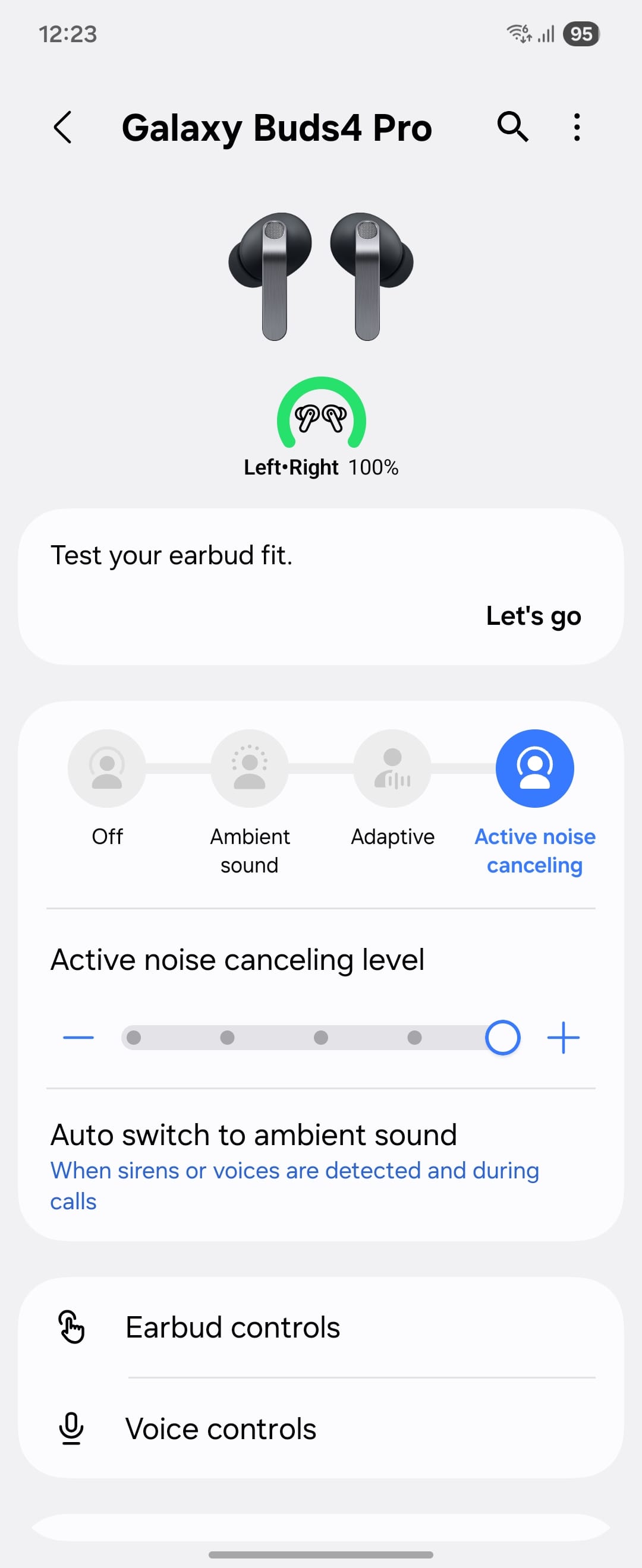 Galaxy Buds4 Pro app interface showing earbud fit test and noise canceling options.