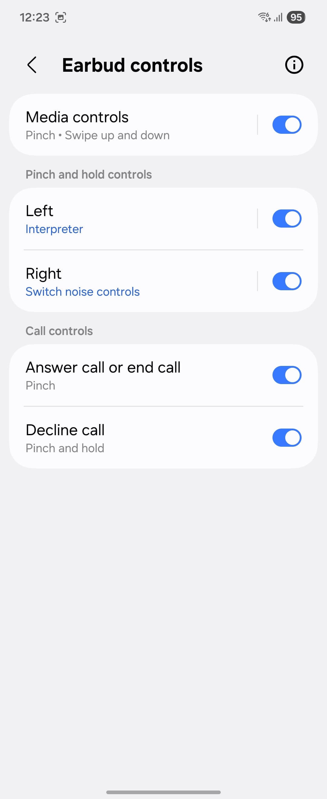 Galaxy Buds4 Pro app interface displaying earbud controls and pinch actions.