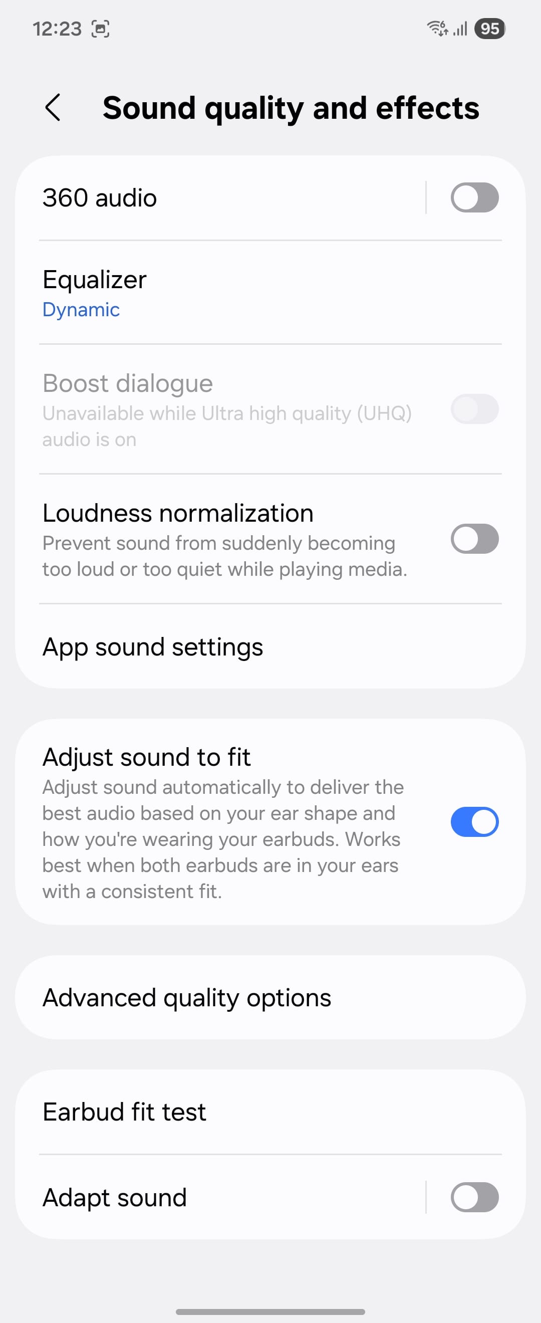 Galaxy Buds4 Pro app interface showing sound quality settings and adjustment options.