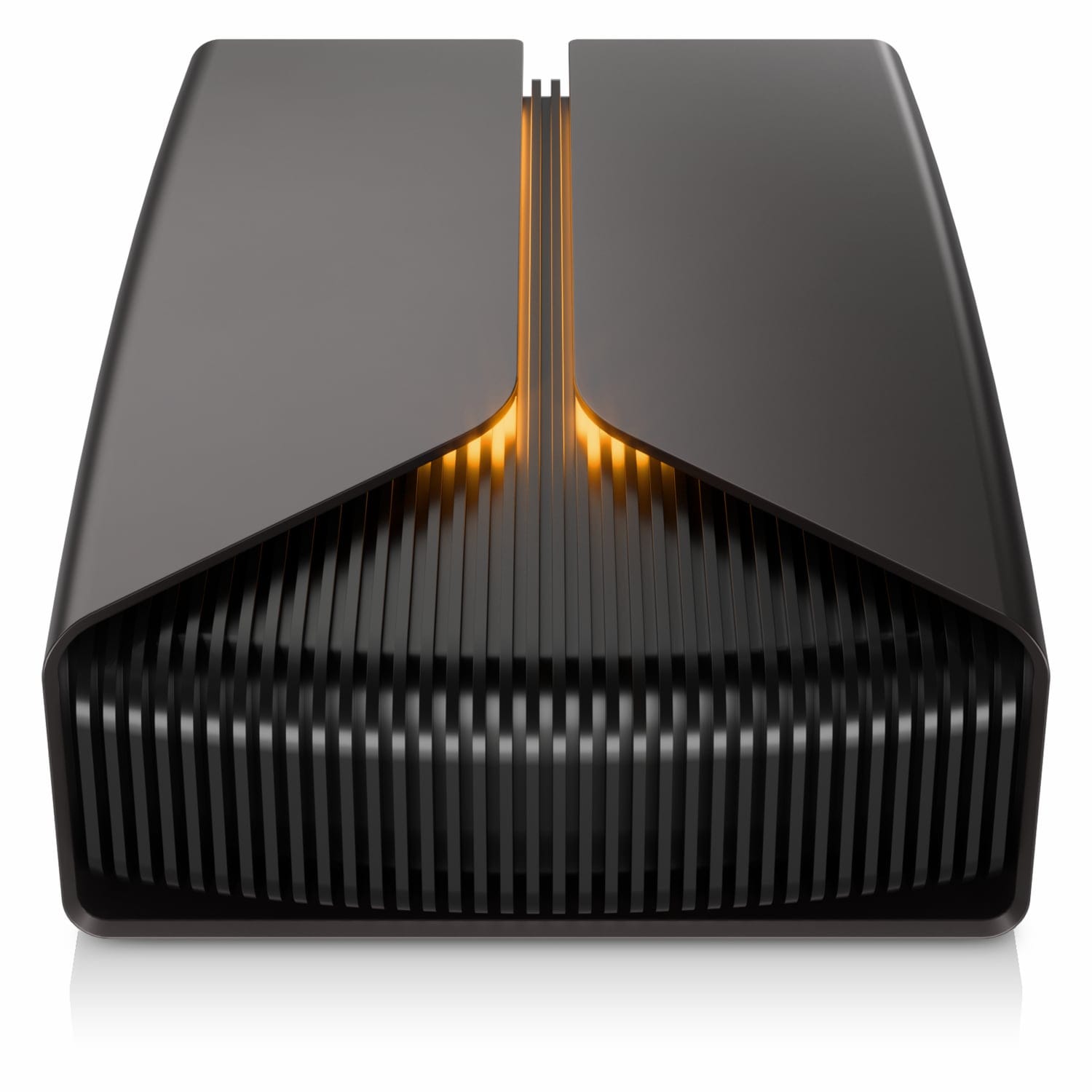 Seagate FireCuda X Vault drive showcasing a stylish front with unique venting and lighting elements.