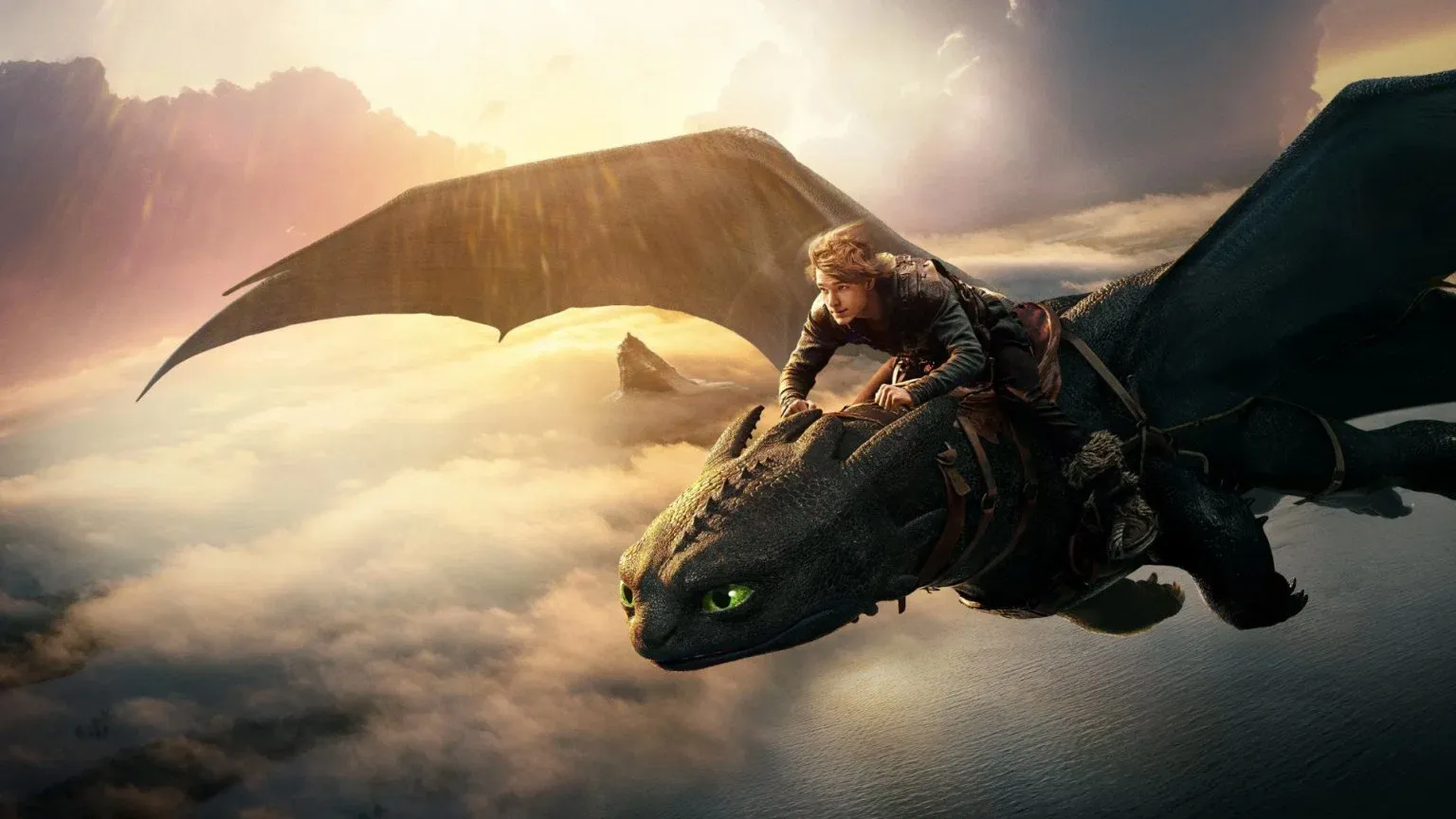 A character flying on a dragon above the clouds during sunset.